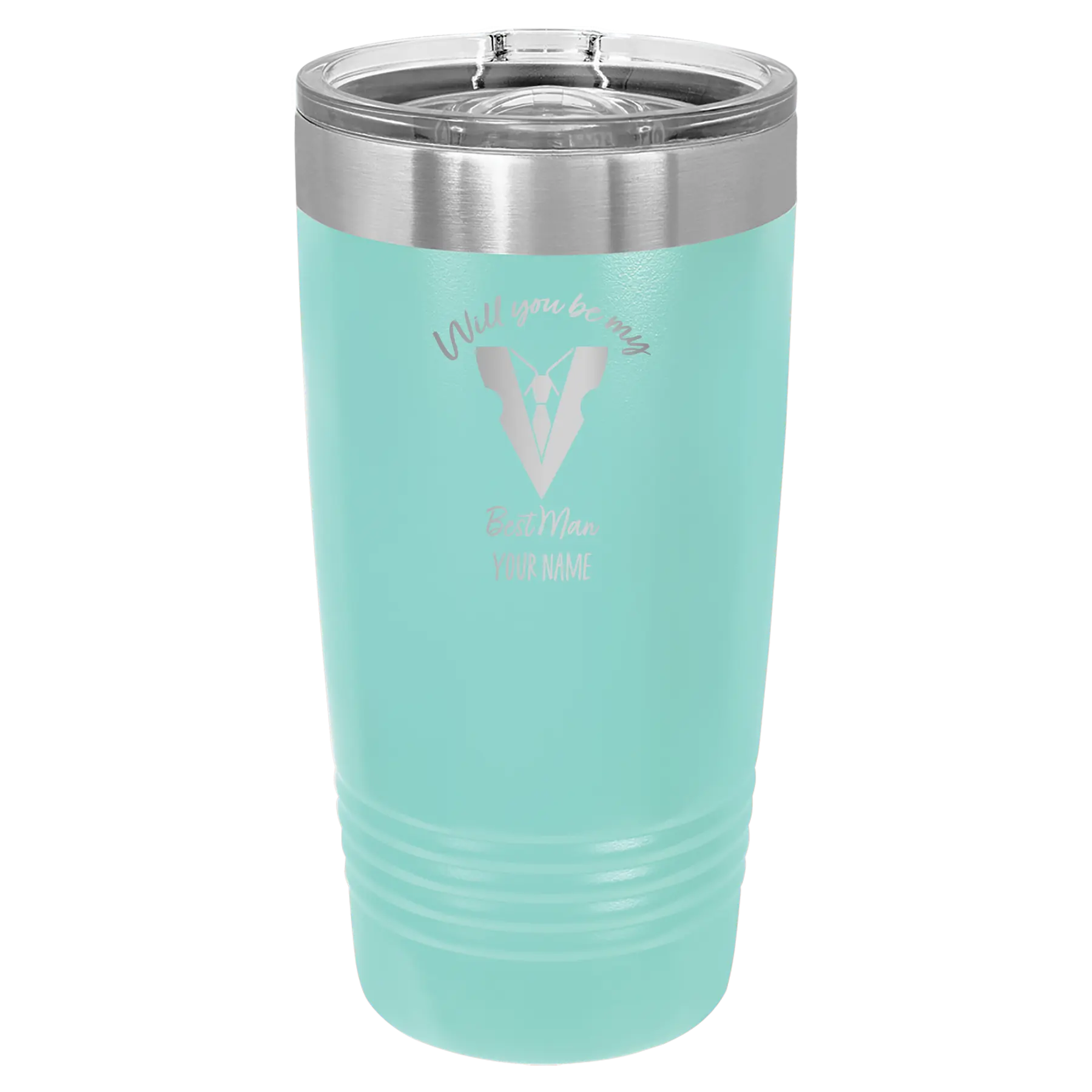 Personalized teal 20 oz vacuum insulated tumbler with 'Will You Be Best Man' design