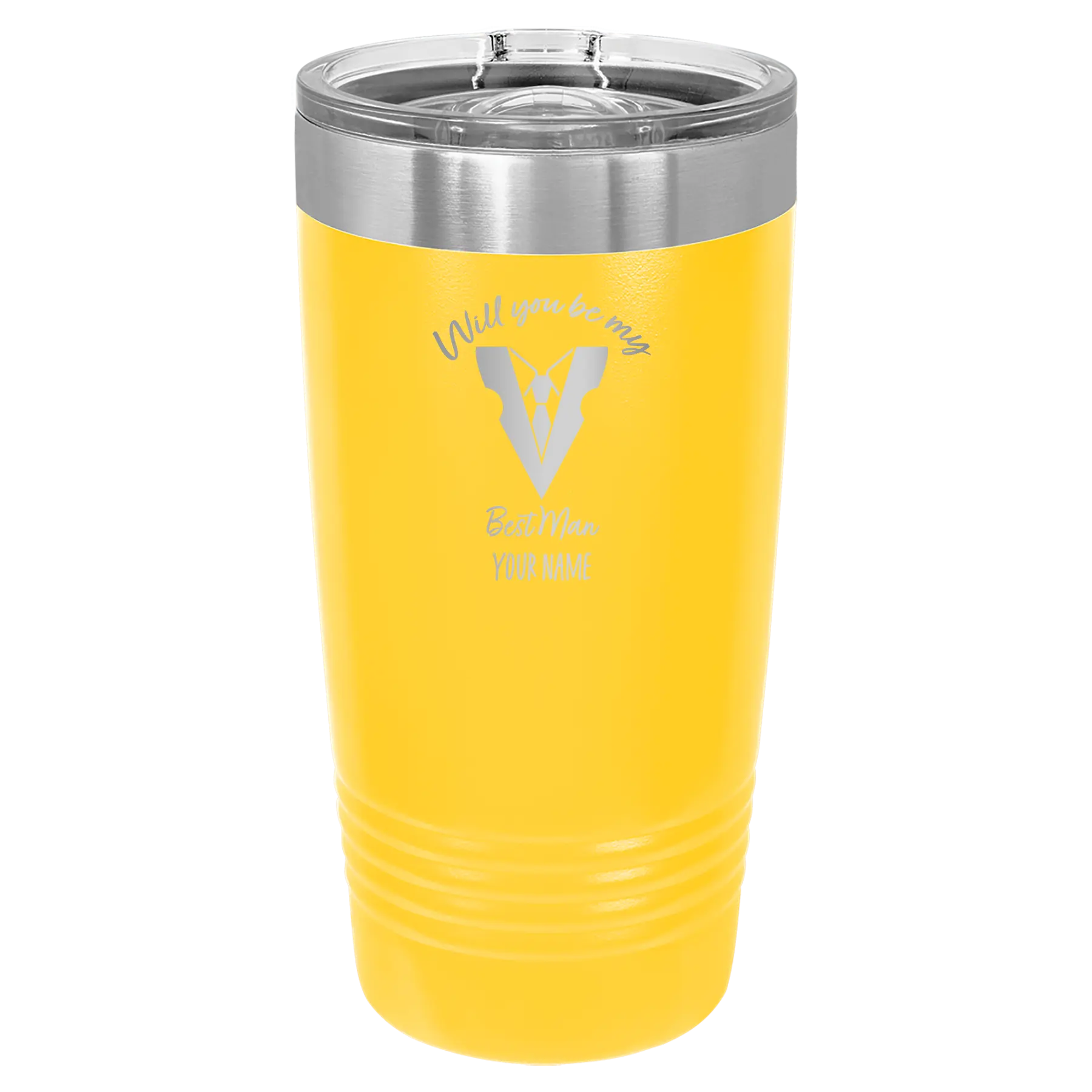 Personalized yellow 20 oz vacuum insulated tumbler with 'Will You Be Best Man' design