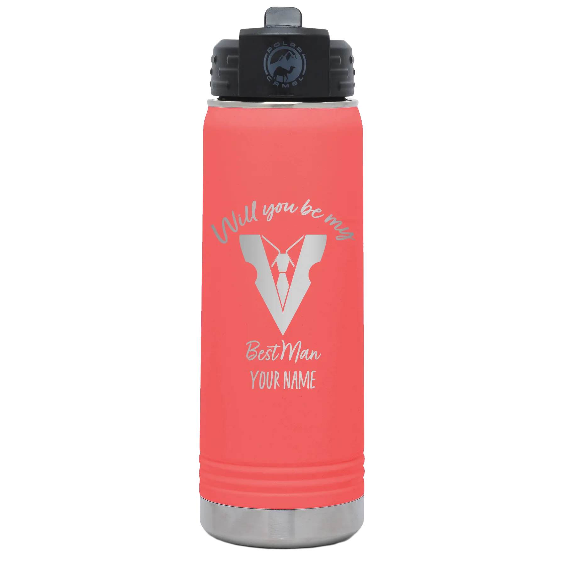 Personalized coral 20 oz vacuum insulated water bottle with 'Will You Be Best Man' design