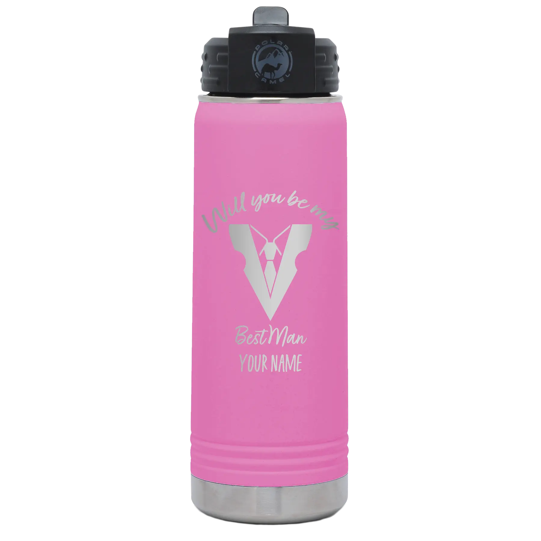 Personalized light purple 20 oz vacuum insulated water bottle with 'Will You Be Best Man' design