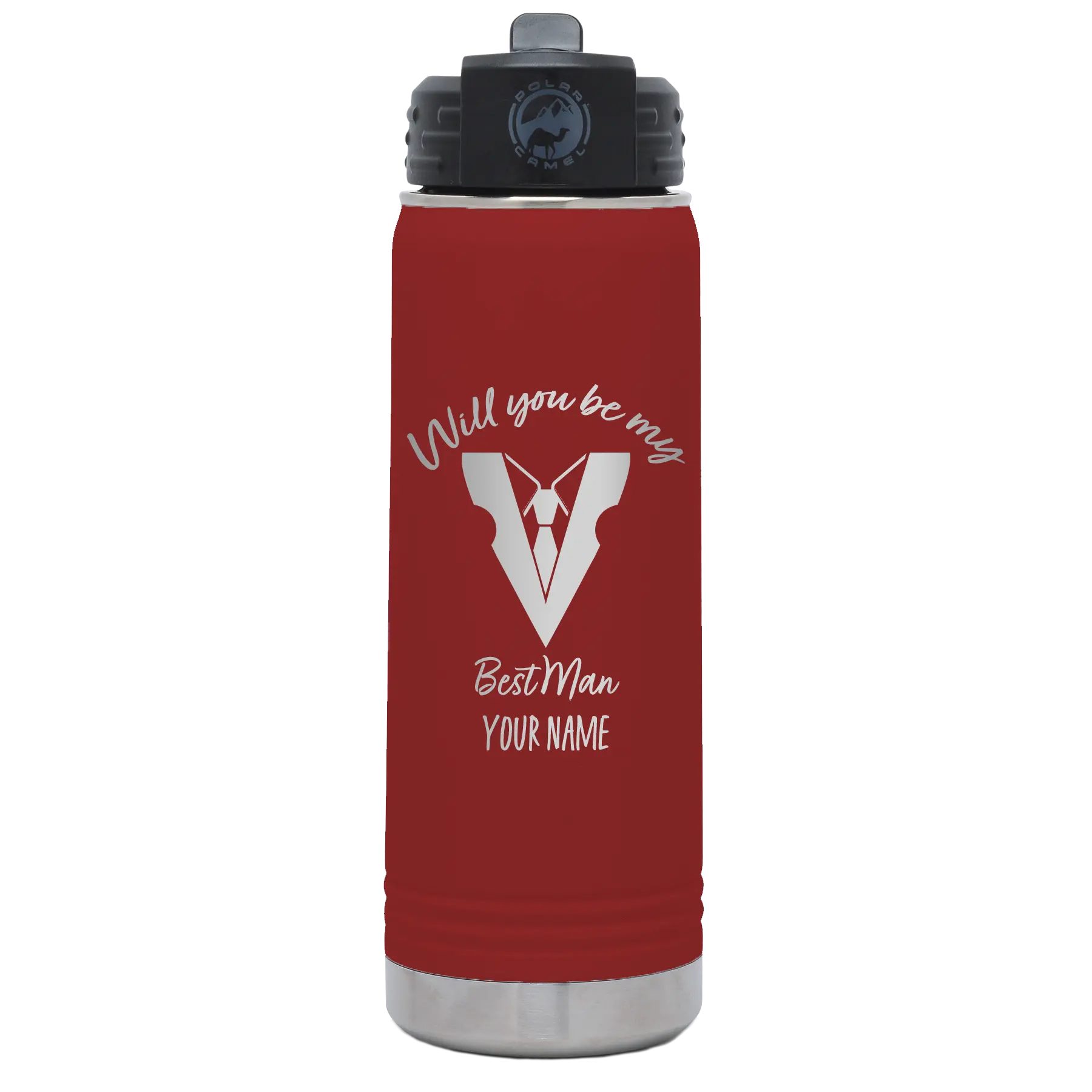 Personalized maroon 20 oz vacuum insulated water bottle with 'Will You Be Best Man' design