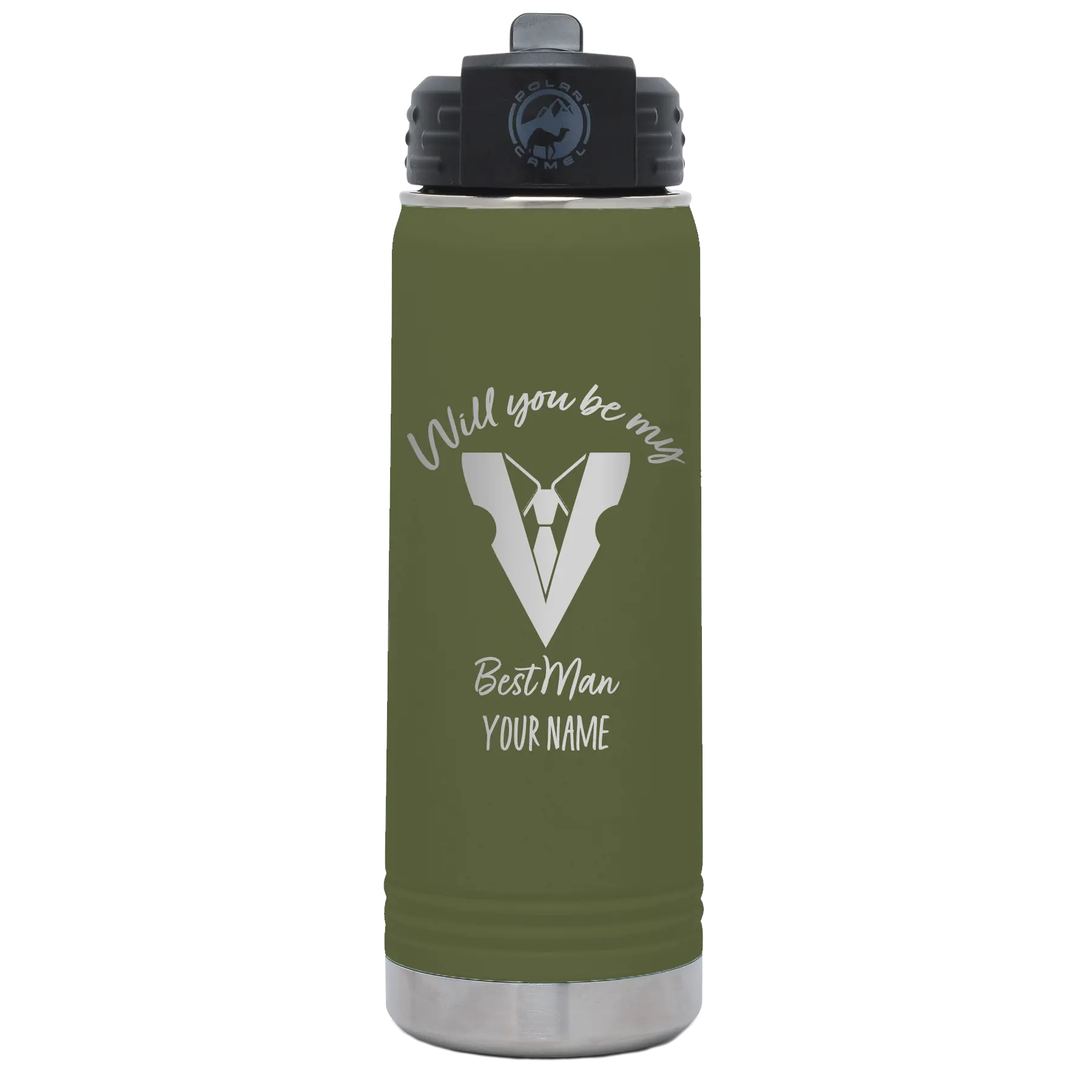 Personalized olive green 20 oz vacuum insulated water bottle with 'Will You Be Best Man' design