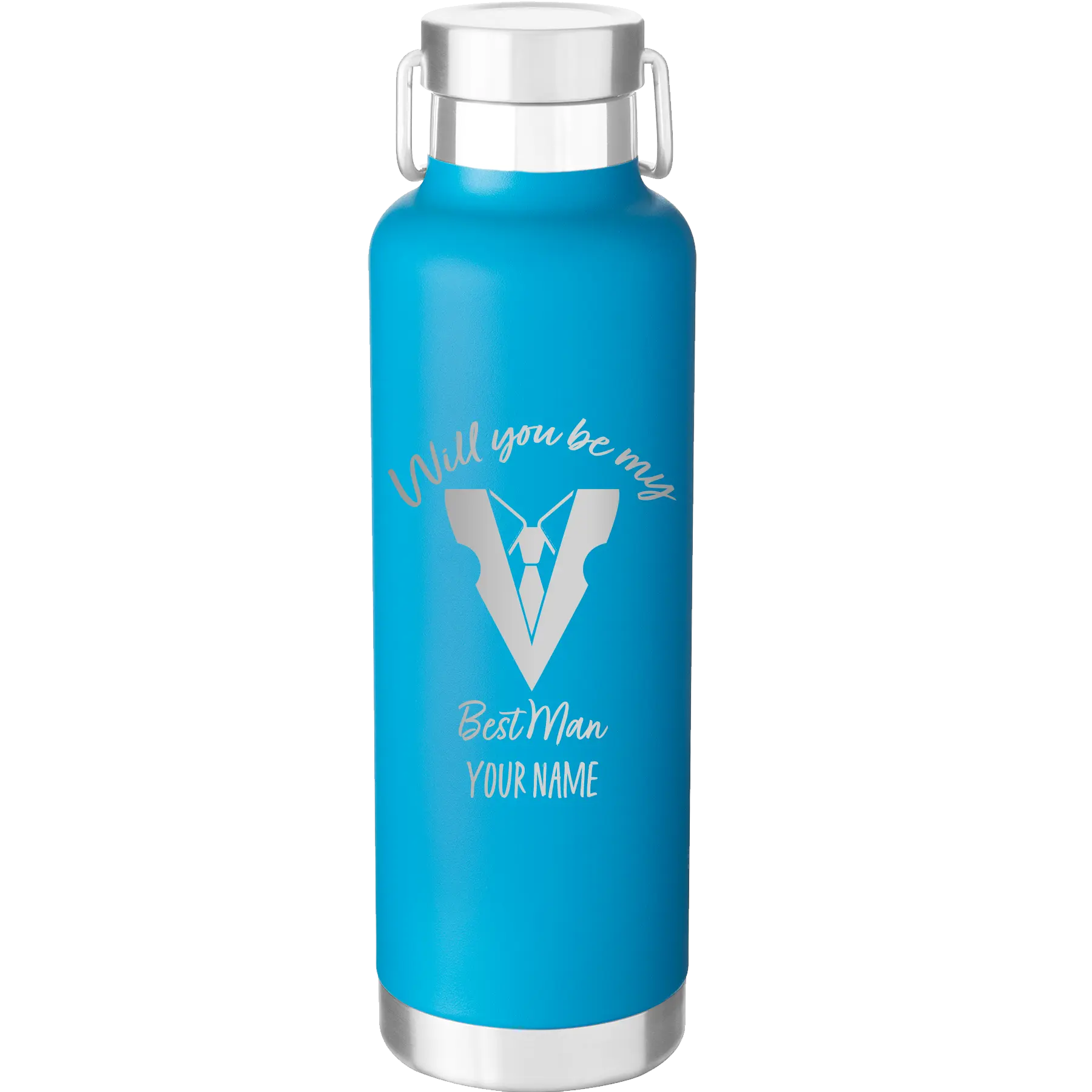 Personalized aqua 24 oz vacuum insulated water bottle with 'Will You Be Best Man' design