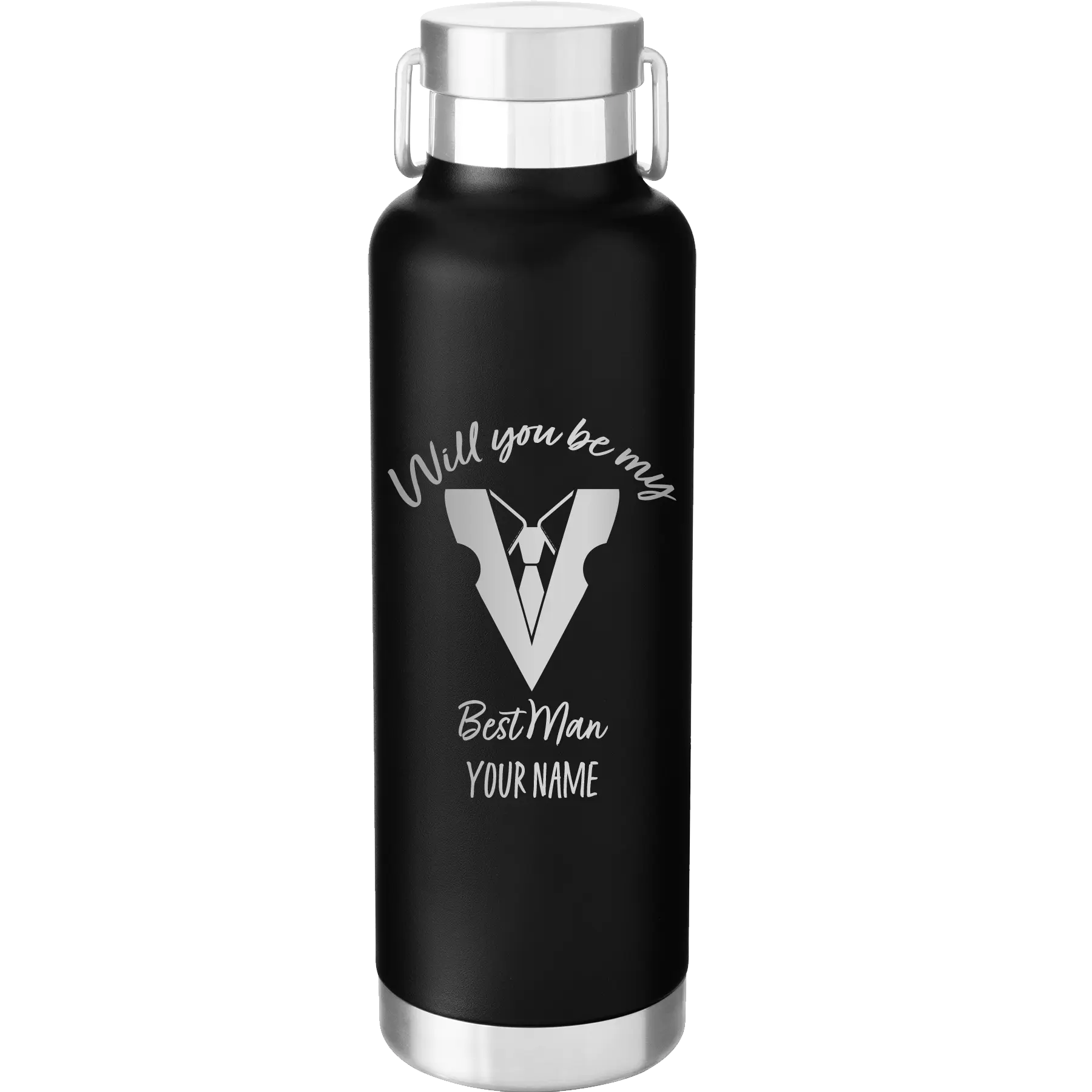 Personalized black 24 oz vacuum insulated water bottle with 'Will You Be Best Man' design