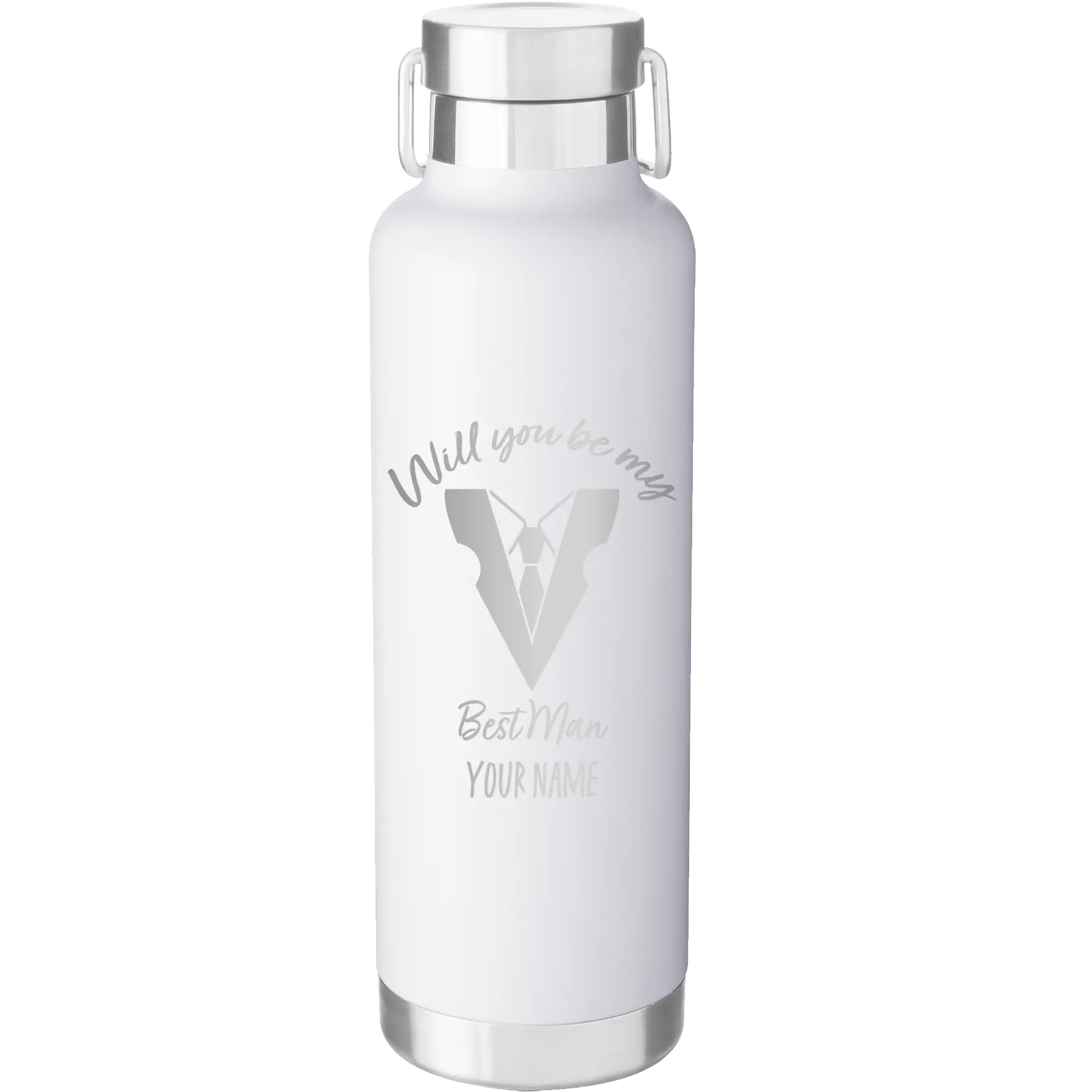 Personalized white 24 oz vacuum insulated water bottle with 'Will You Be Best Man' design