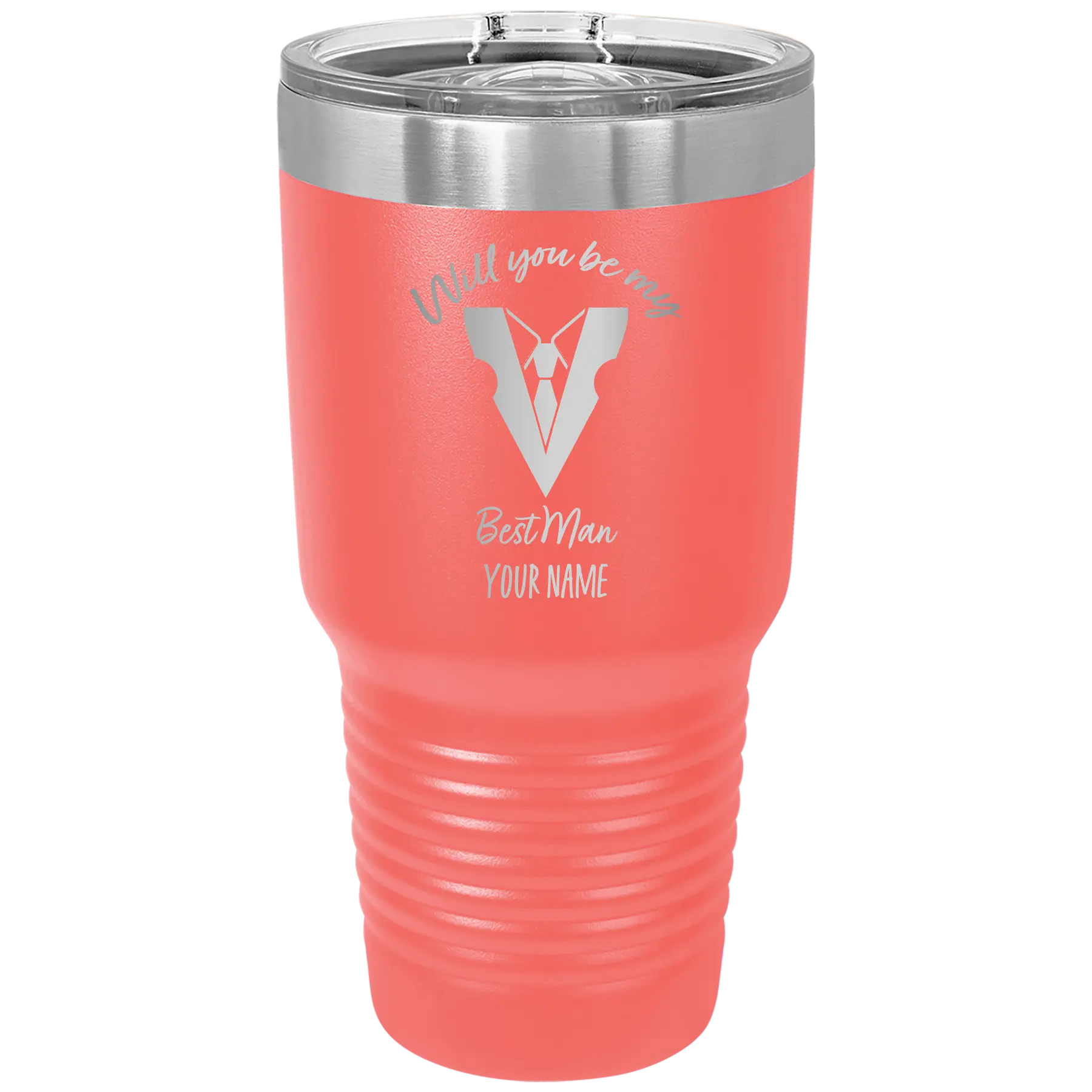 Personalized coral 30 oz vacuum insulated tumbler with 'Will You Be Best Man' design