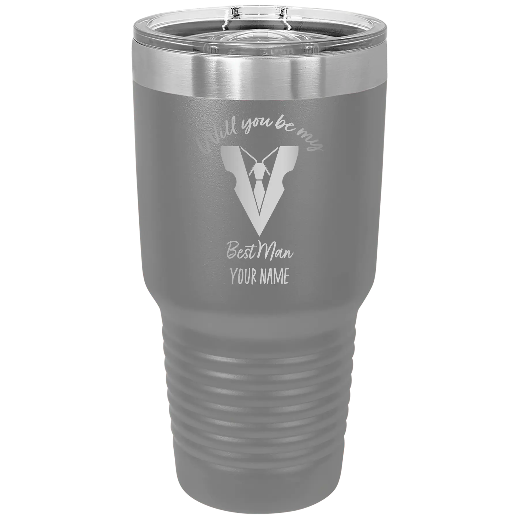 Personalized dark gray 30 oz vacuum insulated tumbler with 'Will You Be Best Man' design