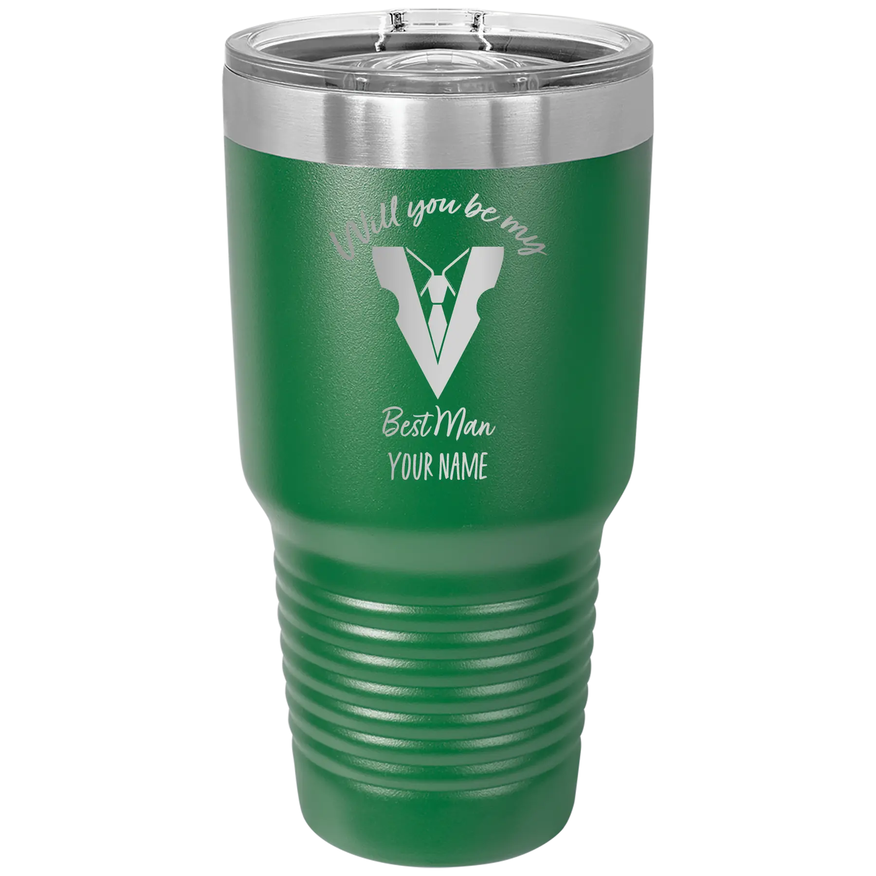 Personalized green 30 oz vacuum insulated tumbler with 'Will You Be Best Man' design