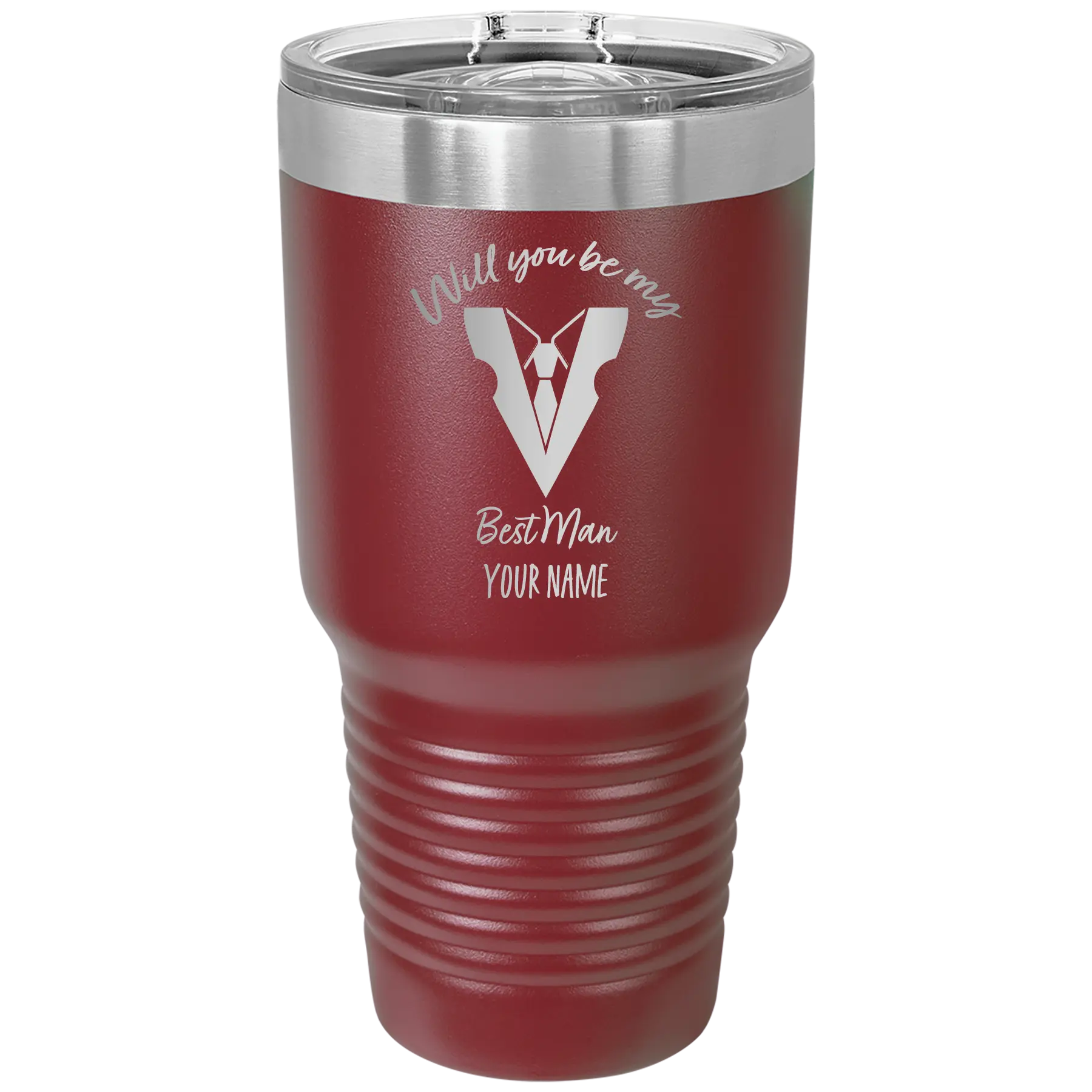 Personalized maroon 30 oz vacuum insulated tumbler with 'Will You Be Best Man' design