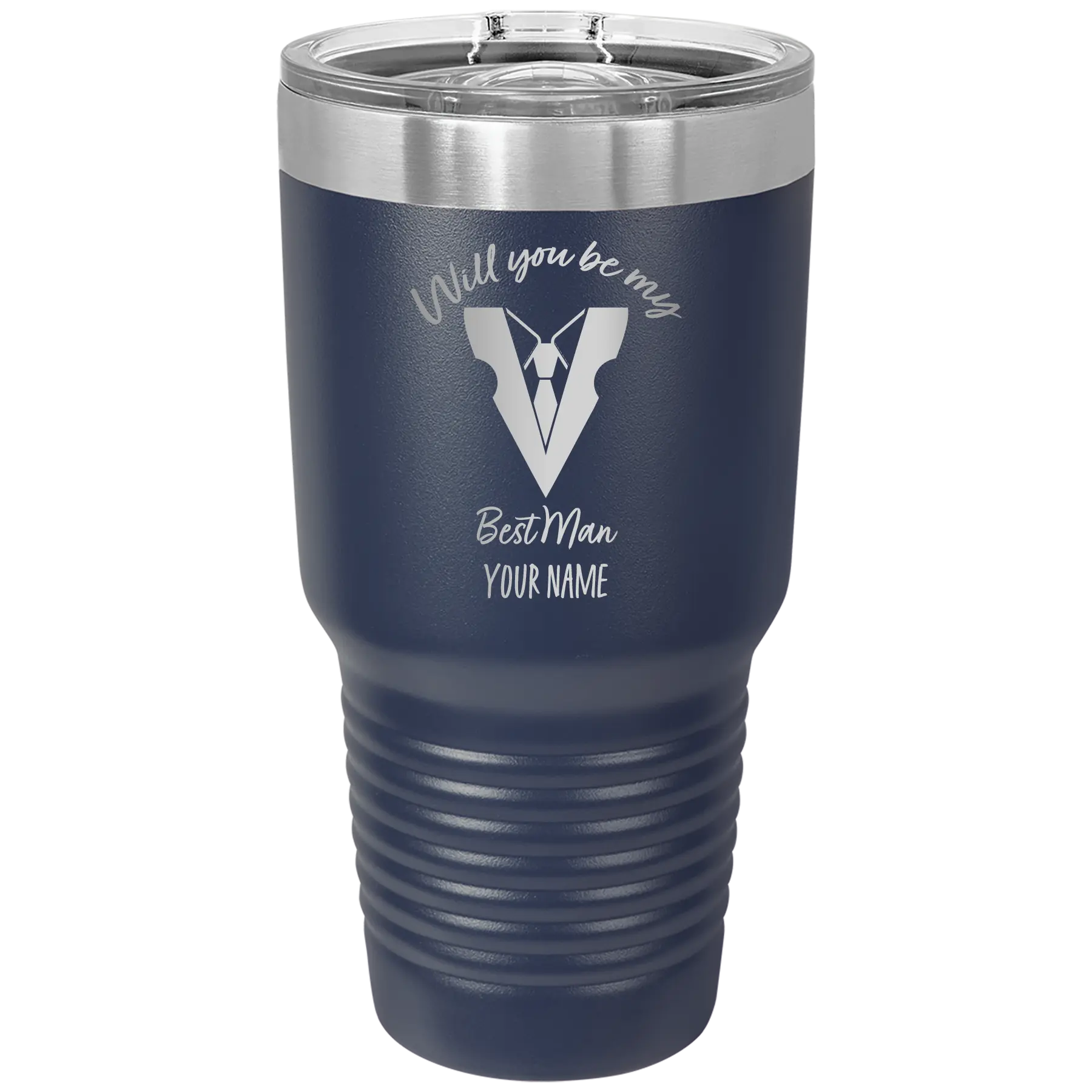 Personalized navy 30 oz vacuum insulated tumbler with 'Will You Be Best Man' design