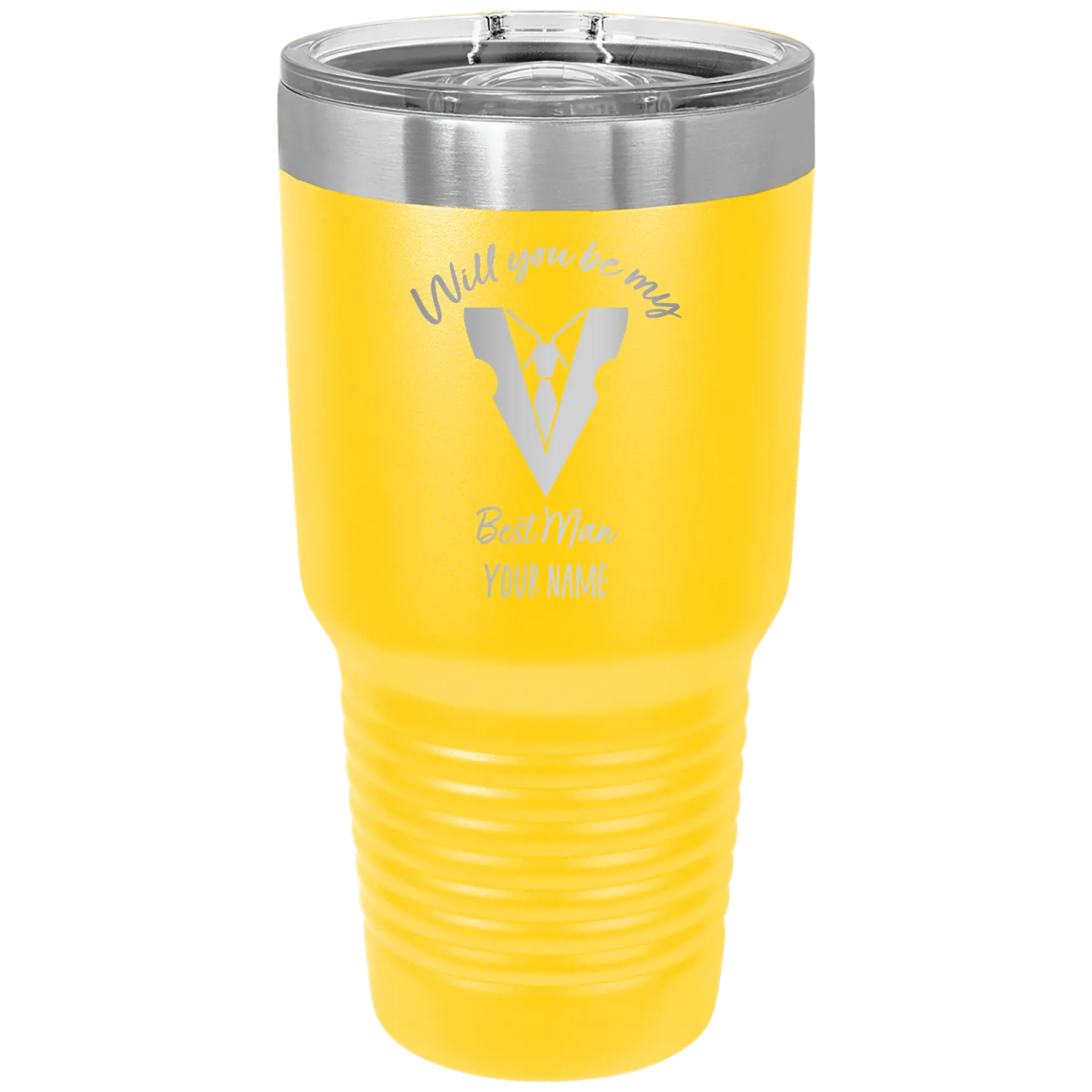 Personalized yellow 30 oz vacuum insulated tumbler with 'Will You Be Best Man' design