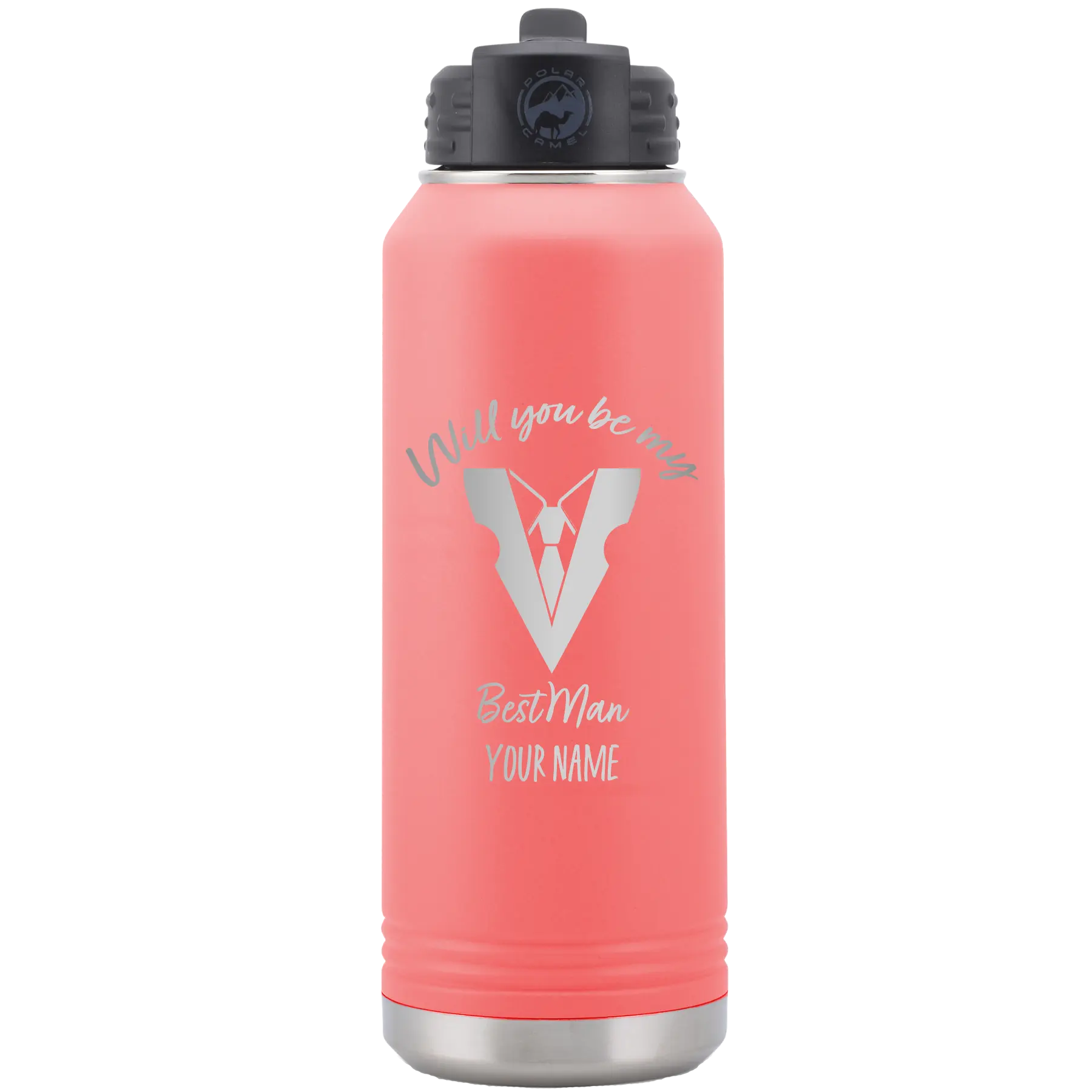 Personalized coral 32 oz vacuum insulated water bottle with 'Will You Be Best Man' design