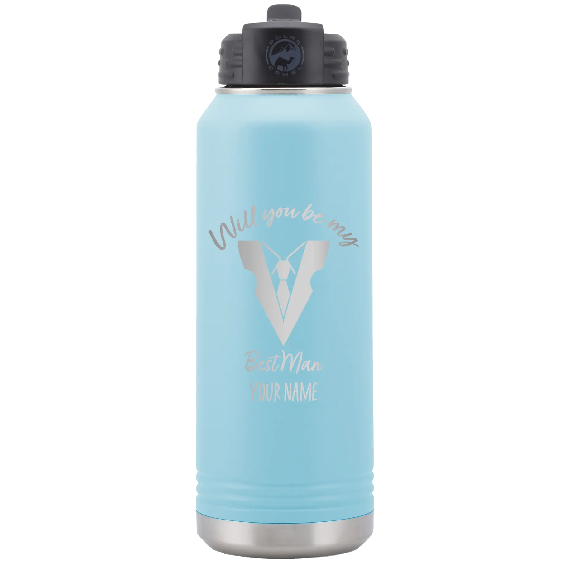 Personalized light blue 32 oz vacuum insulated water bottle with 'Will You Be Best Man' design