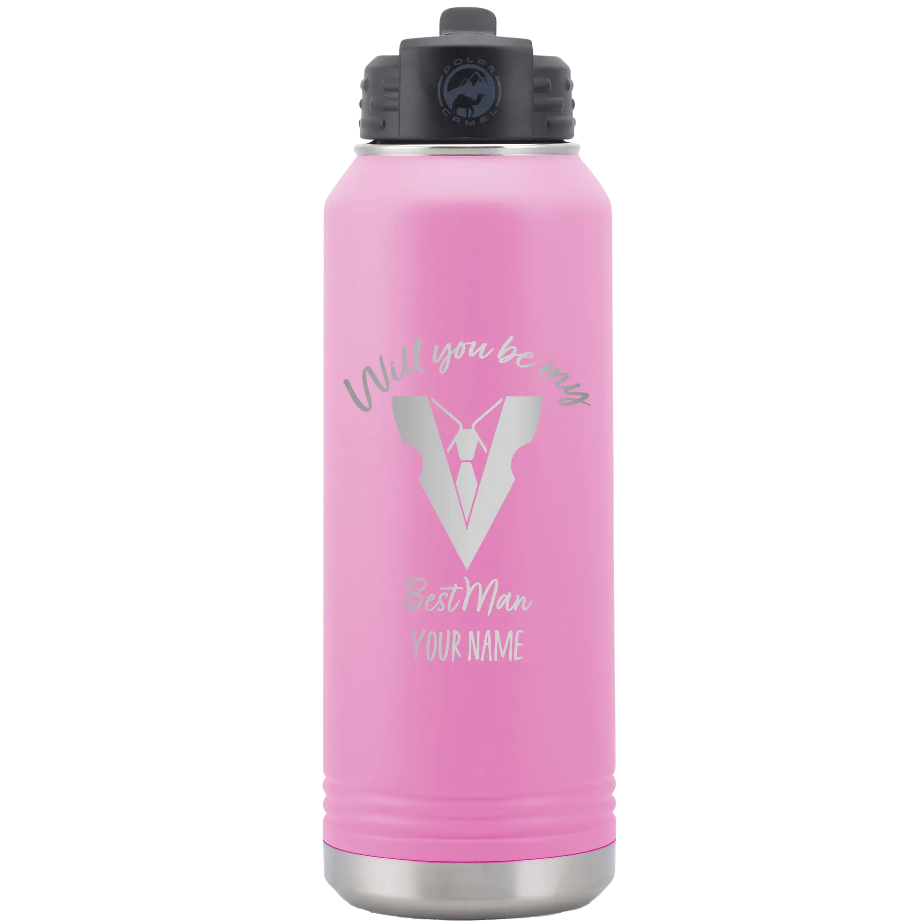 Personalized light purple 32 oz vacuum insulated water bottle with 'Will You Be Best Man' design