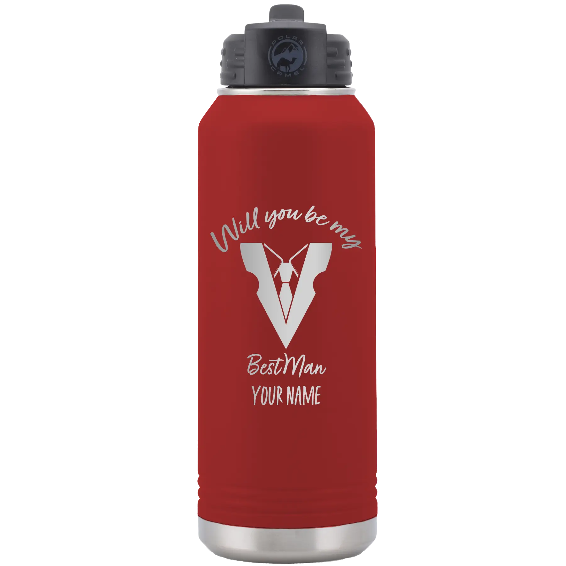 Personalized maroon 32 oz vacuum insulated water bottle with 'Will You Be Best Man' design