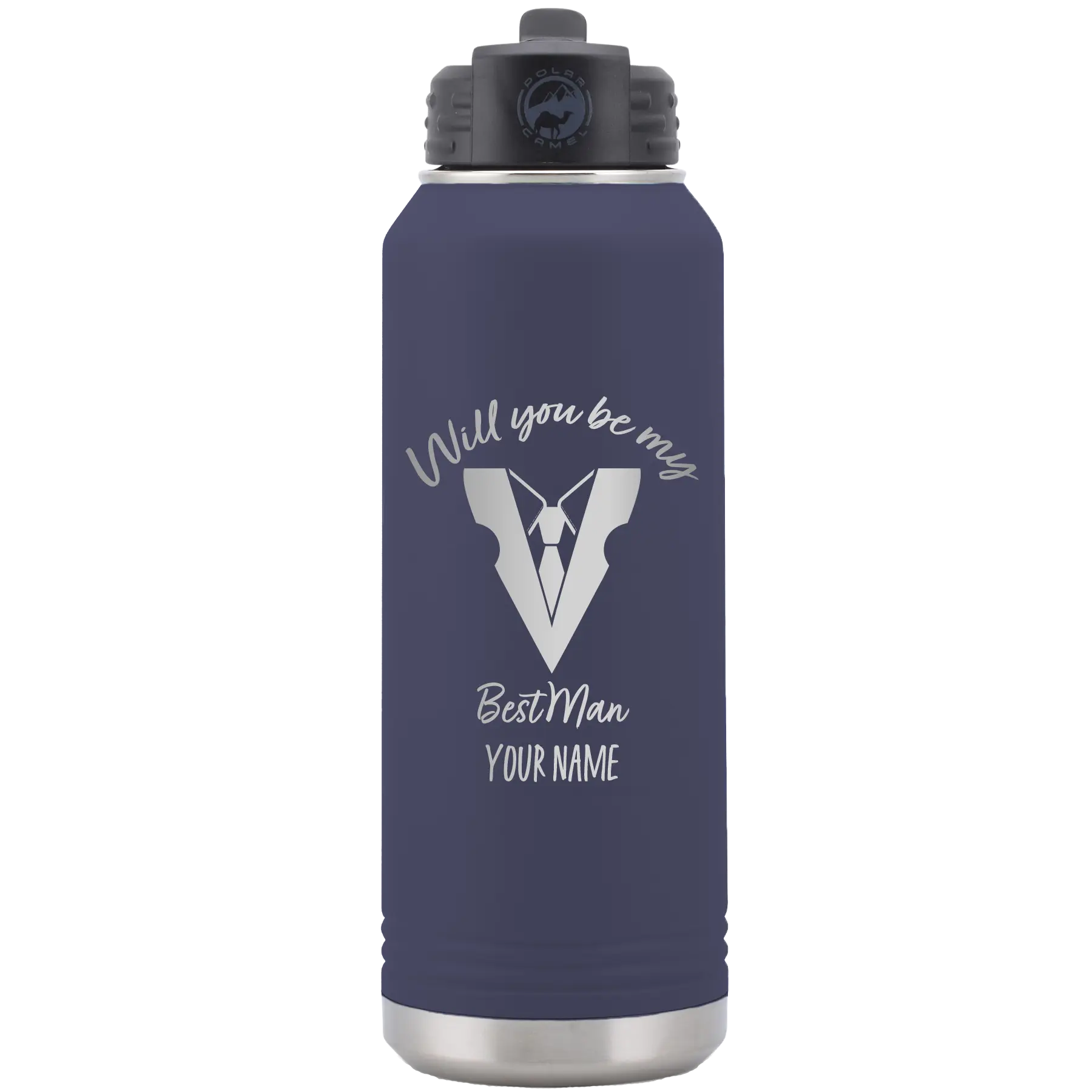 Personalized navy 32 oz vacuum insulated water bottle with 'Will You Be Best Man' design