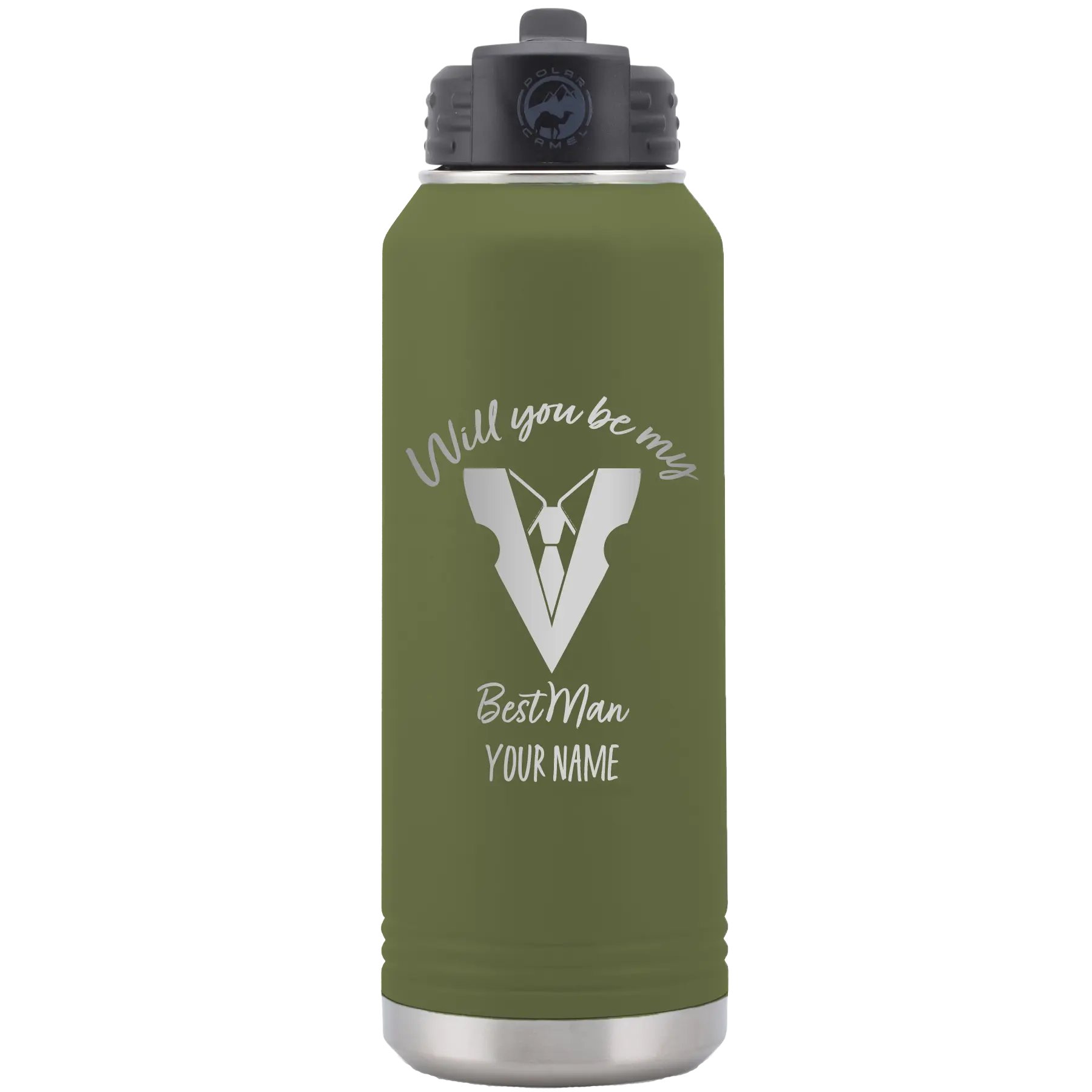 Personalized olive green 32 oz vacuum insulated water bottle with 'Will You Be Best Man' design