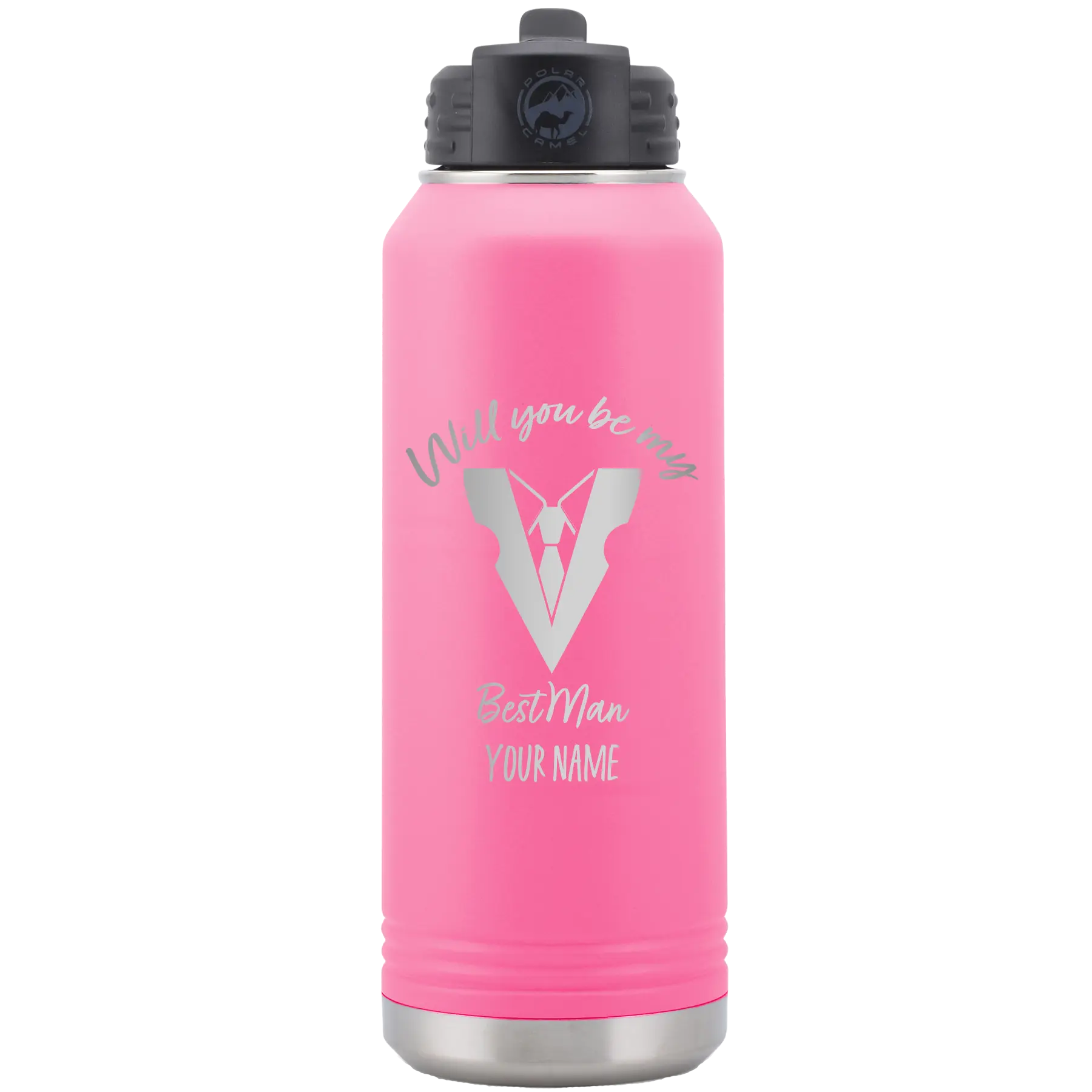 Personalized pink 32 oz vacuum insulated water bottle with 'Will You Be Best Man' design