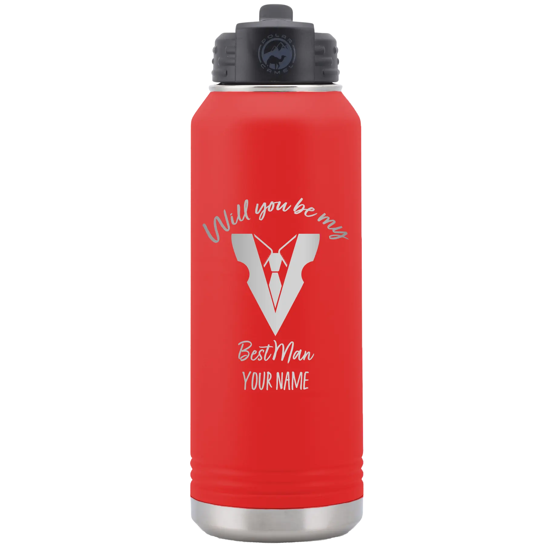 Personalized red 32 oz vacuum insulated water bottle with 'Will You Be Best Man' design
