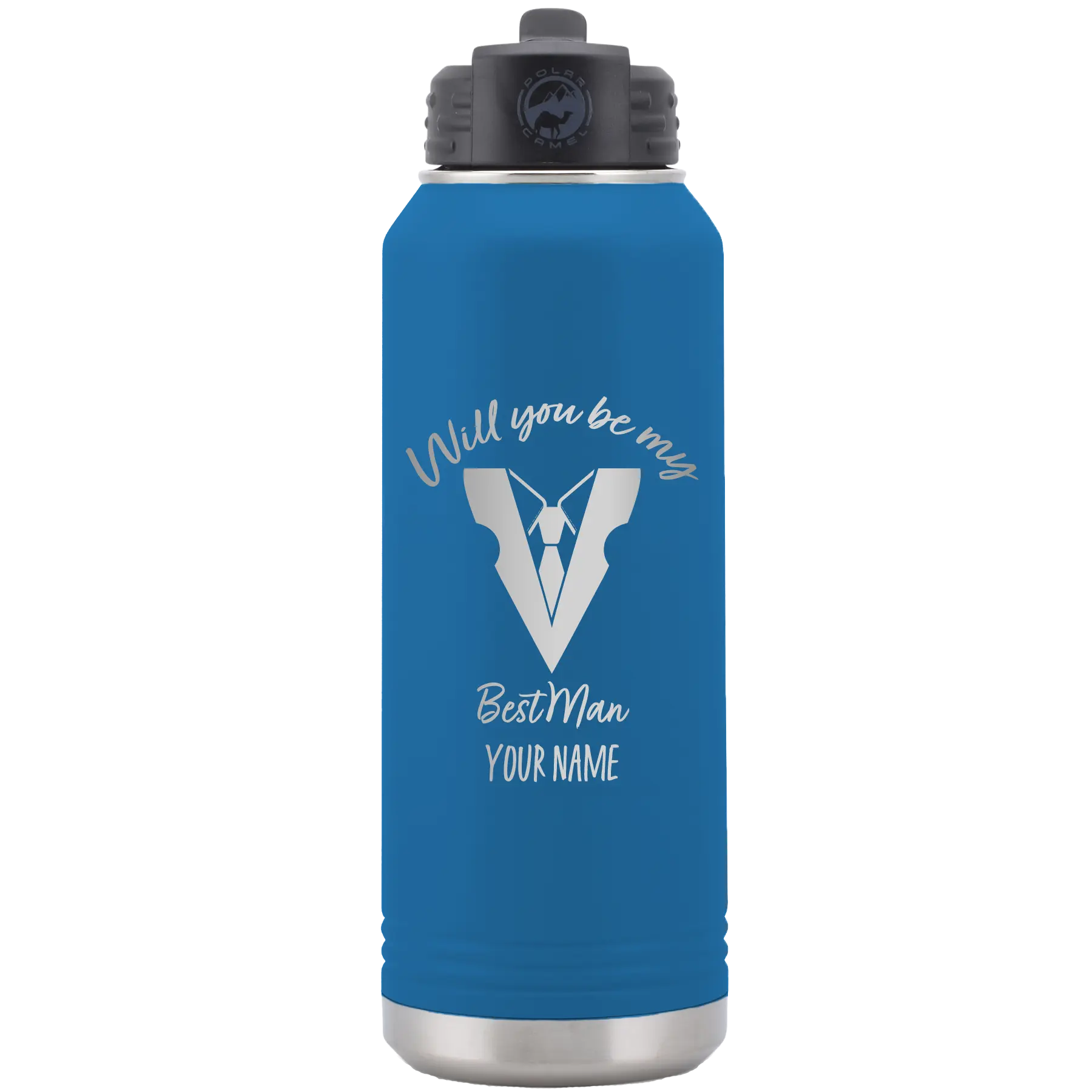 Personalized royal blue 32 oz vacuum insulated water bottle with 'Will You Be Best Man' design