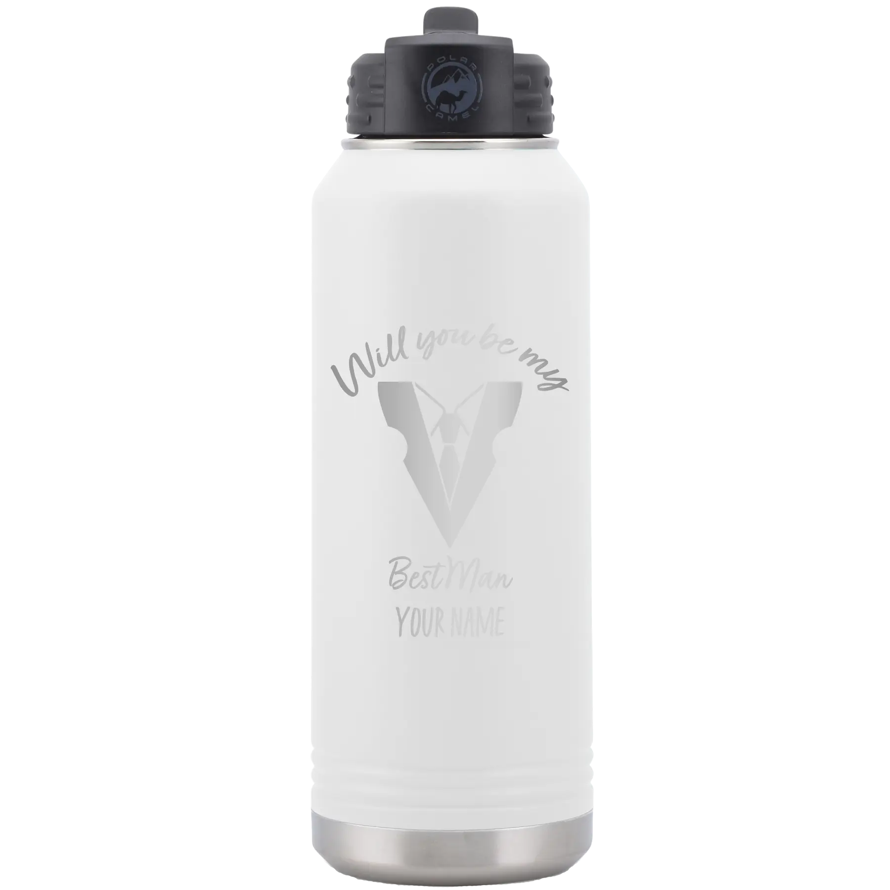 Personalized white 32 oz vacuum insulated water bottle with 'Will You Be Best Man' design