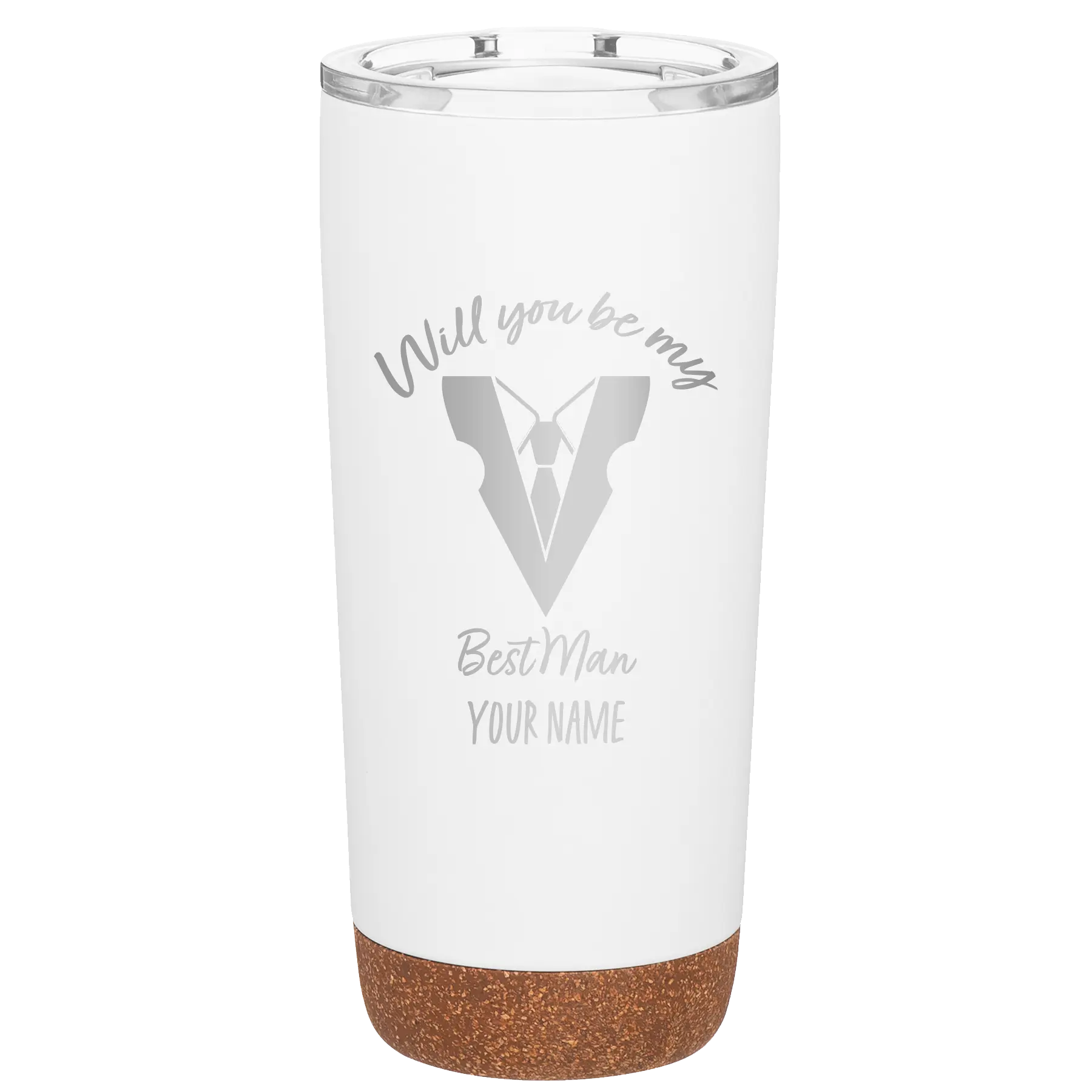 Personalized white 20 oz vacuum insulated tumbler with 'Will You Be Best Man' design