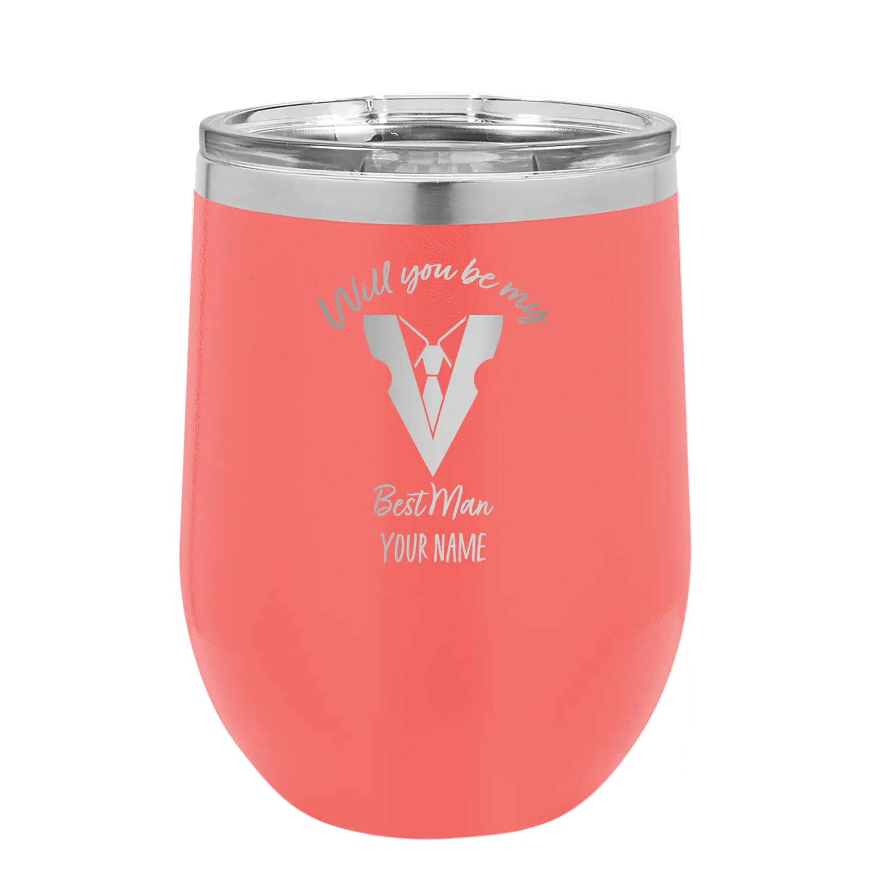 Personalized coral 12 oz vacuum insulated wine cup with 'Will You Be Best Man' design
