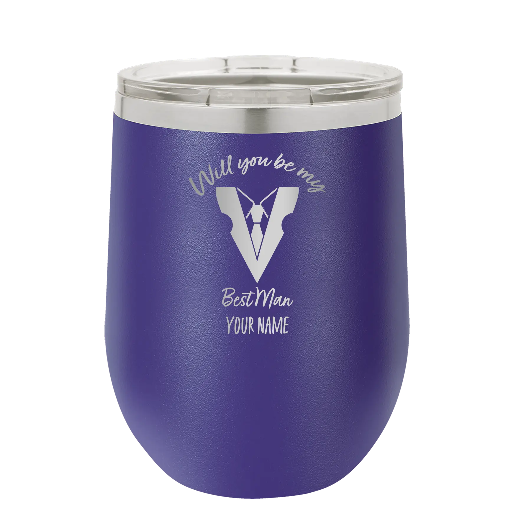 Personalized purple 12 oz vacuum insulated wine cup with 'Will You Be Best Man' design