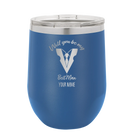 Personalized royal blue 12 oz vacuum insulated wine cup with 'Will You Be Best Man' design