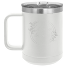Laser etched white 15 oz vacuum insulated coffee mug with 'Mother of the Groom' design