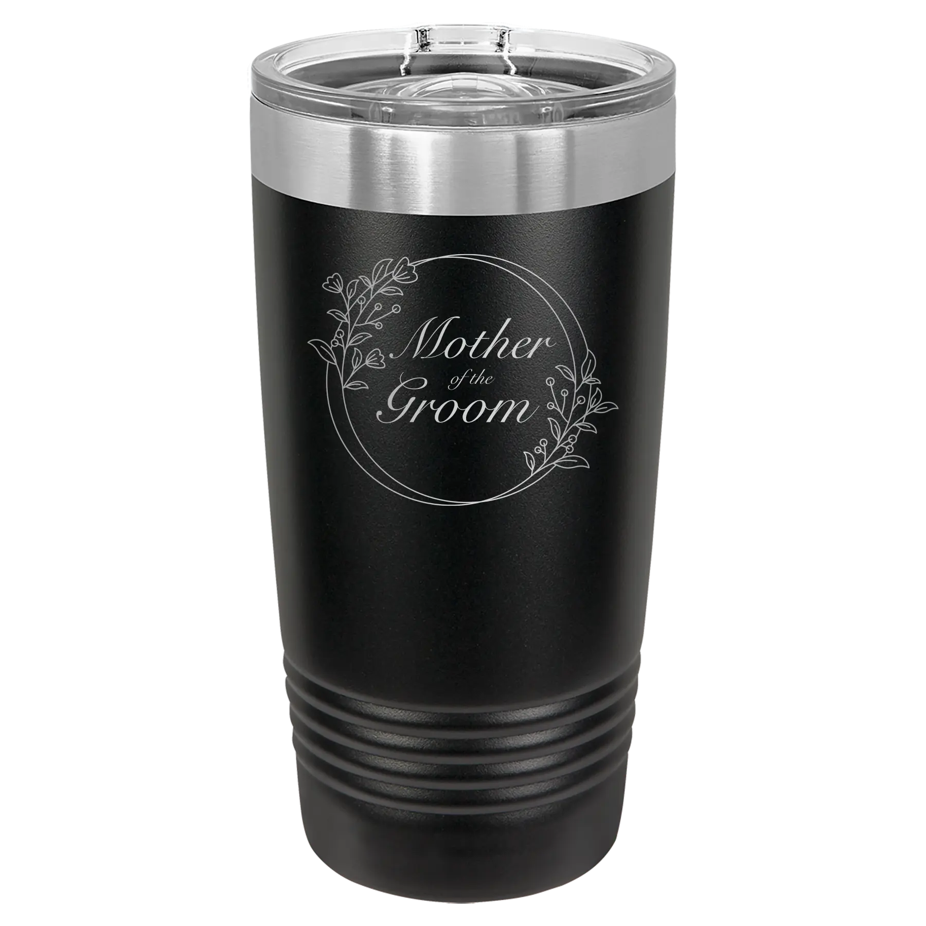 Laser etched black 20 oz vacuum insulated tumbler with 'Mother of the Groom' design