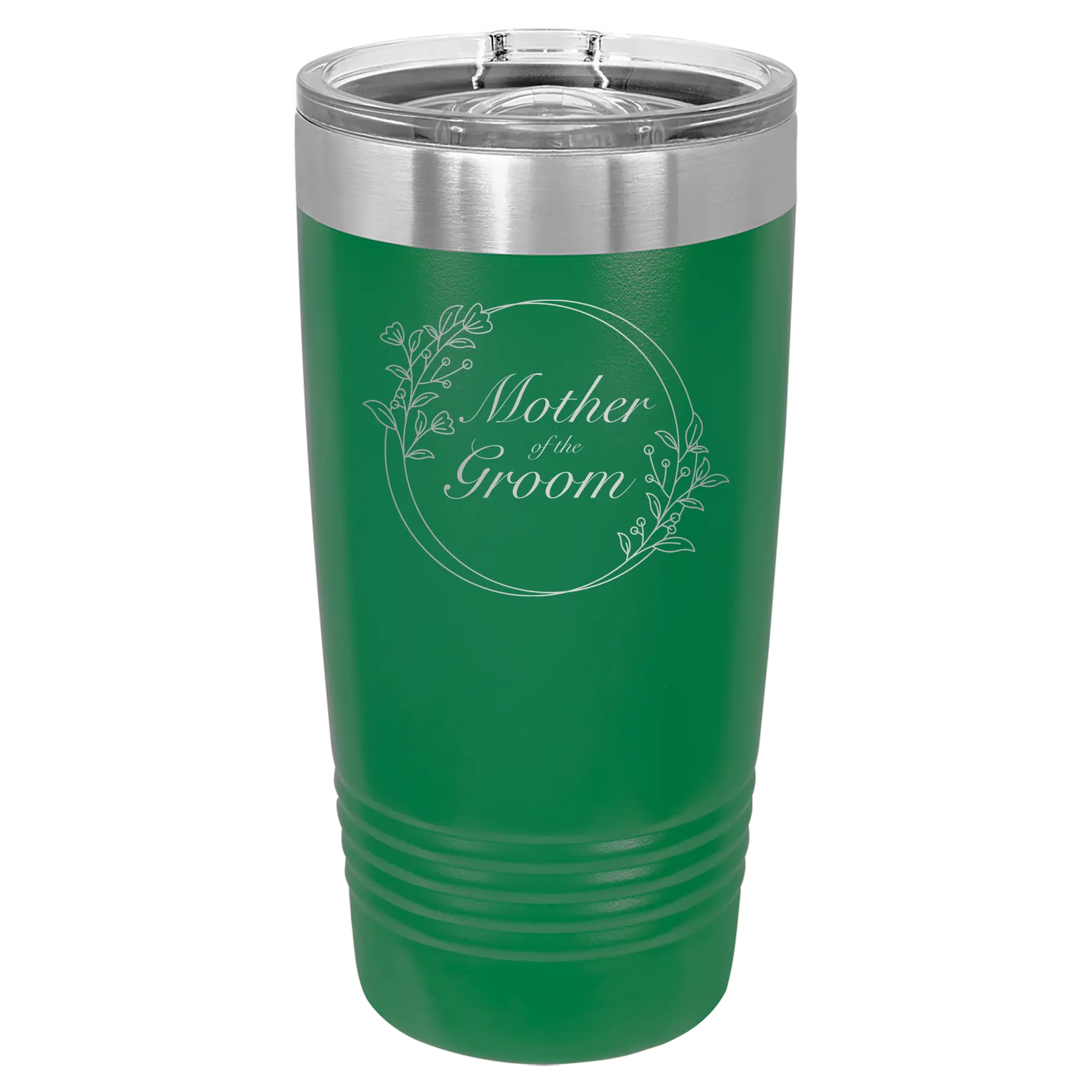 Laser etched green 20 oz vacuum insulated tumbler with 'Mother of the Groom' design