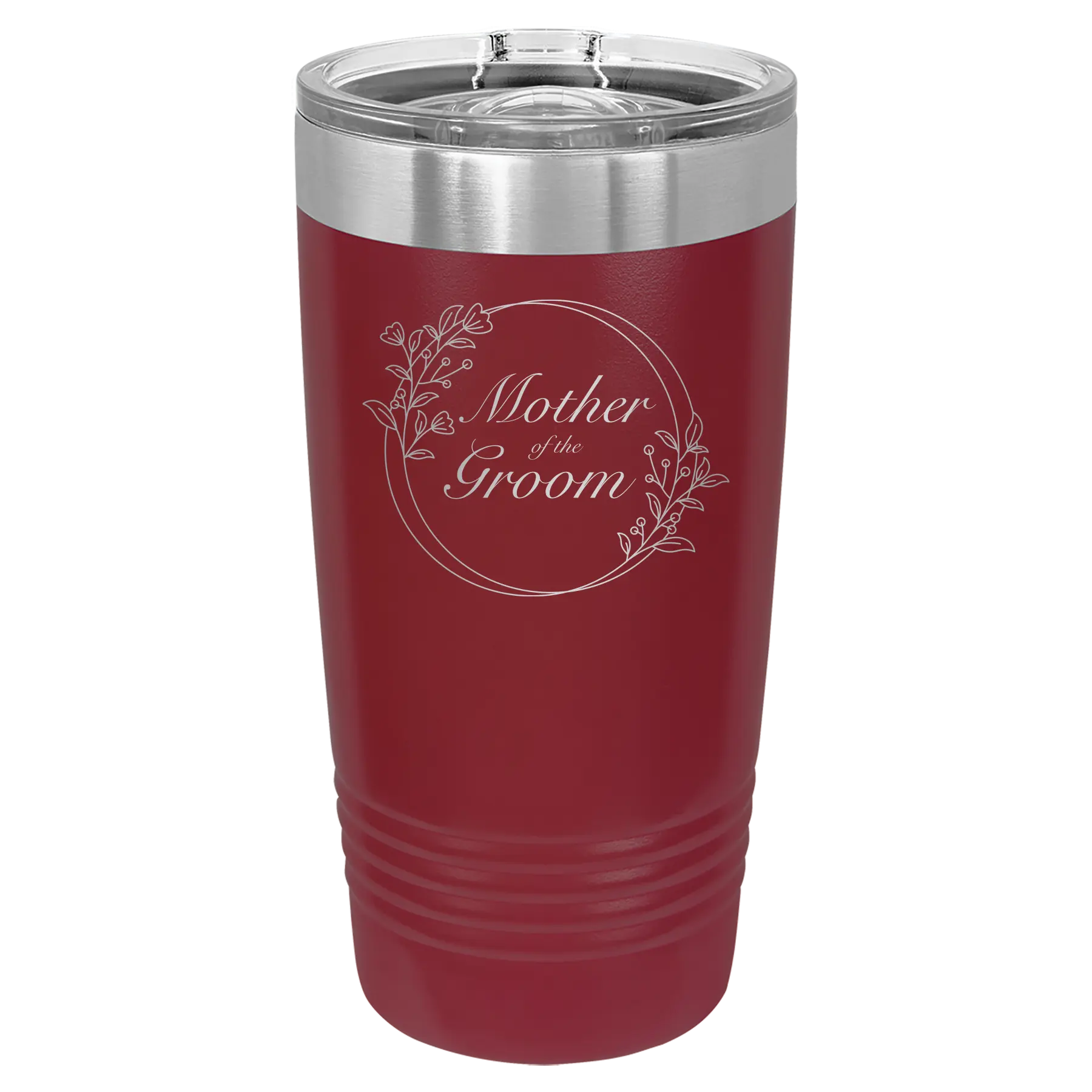 Laser etched maroon 20 oz vacuum insulated tumbler with 'Mother of the Groom' design