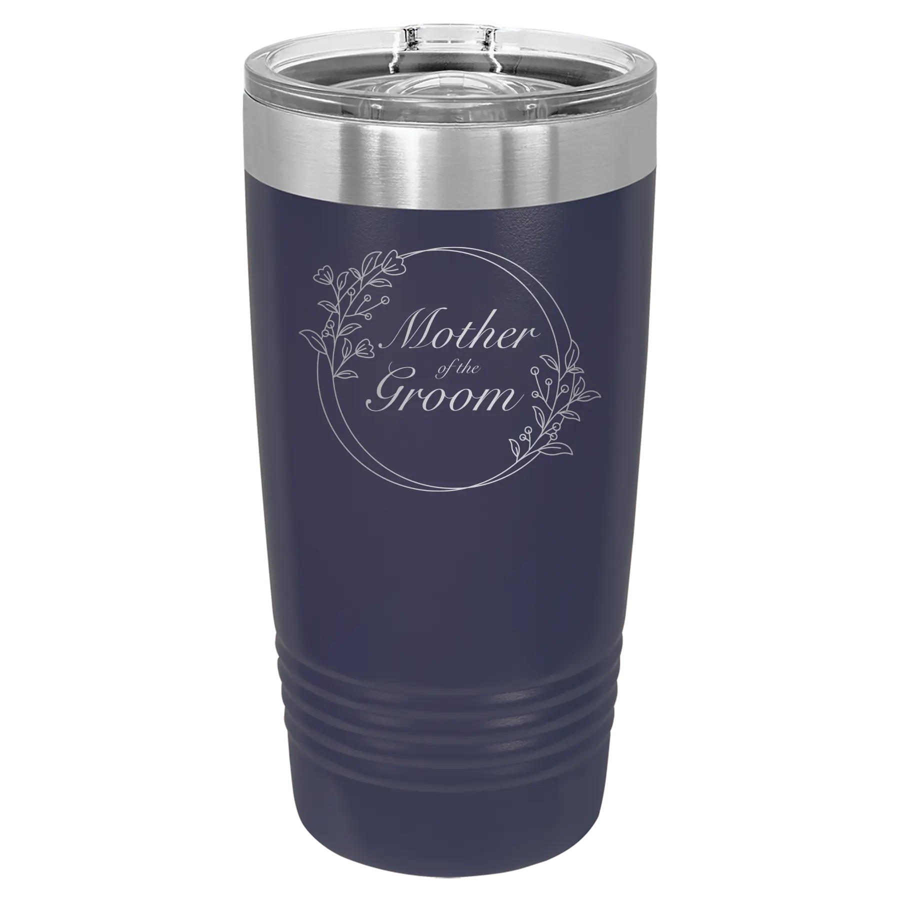 Laser etched navy 20 oz vacuum insulated tumbler with 'Mother of the Groom' design