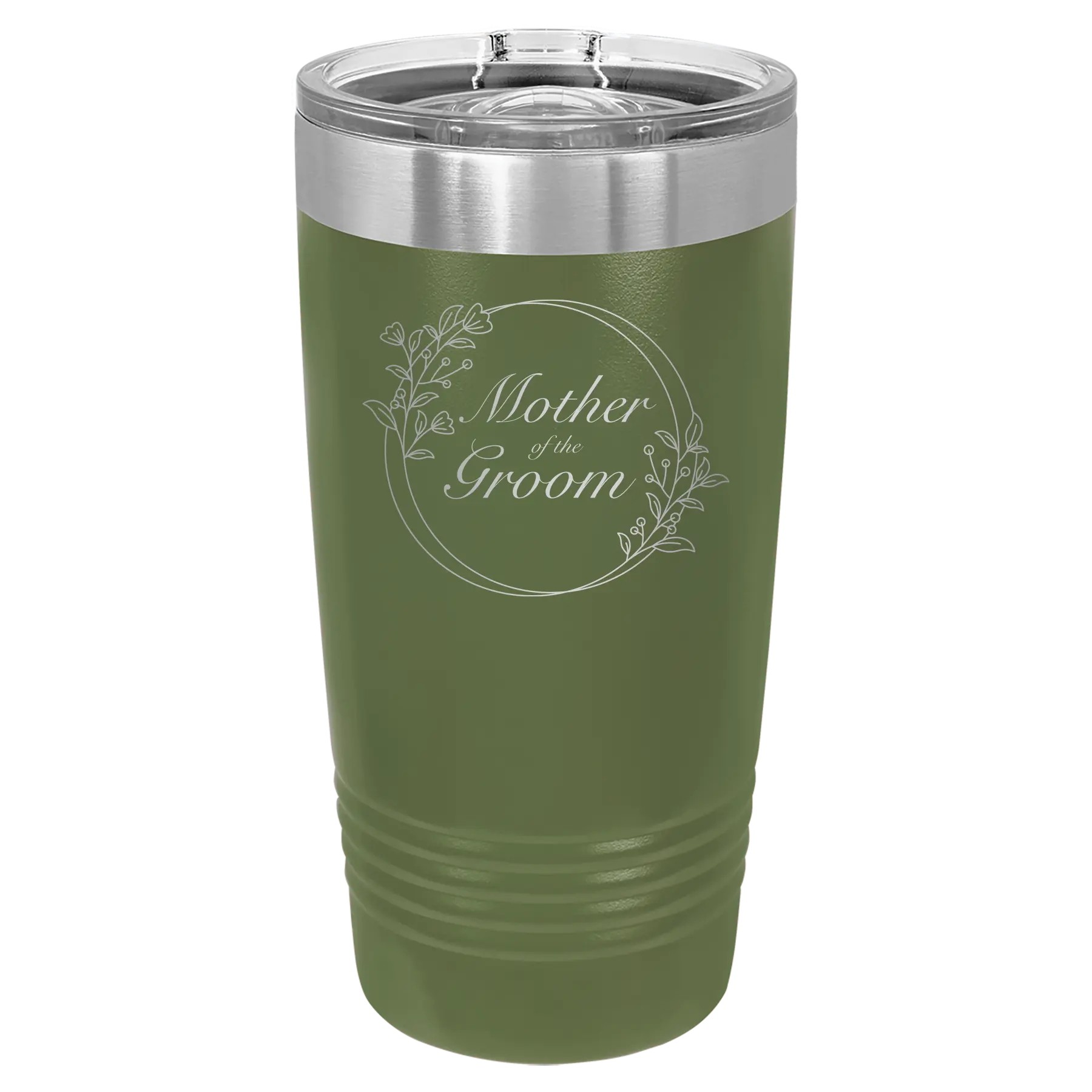 Laser etched olive green 20 oz vacuum insulated tumbler with 'Mother of the Groom' design
