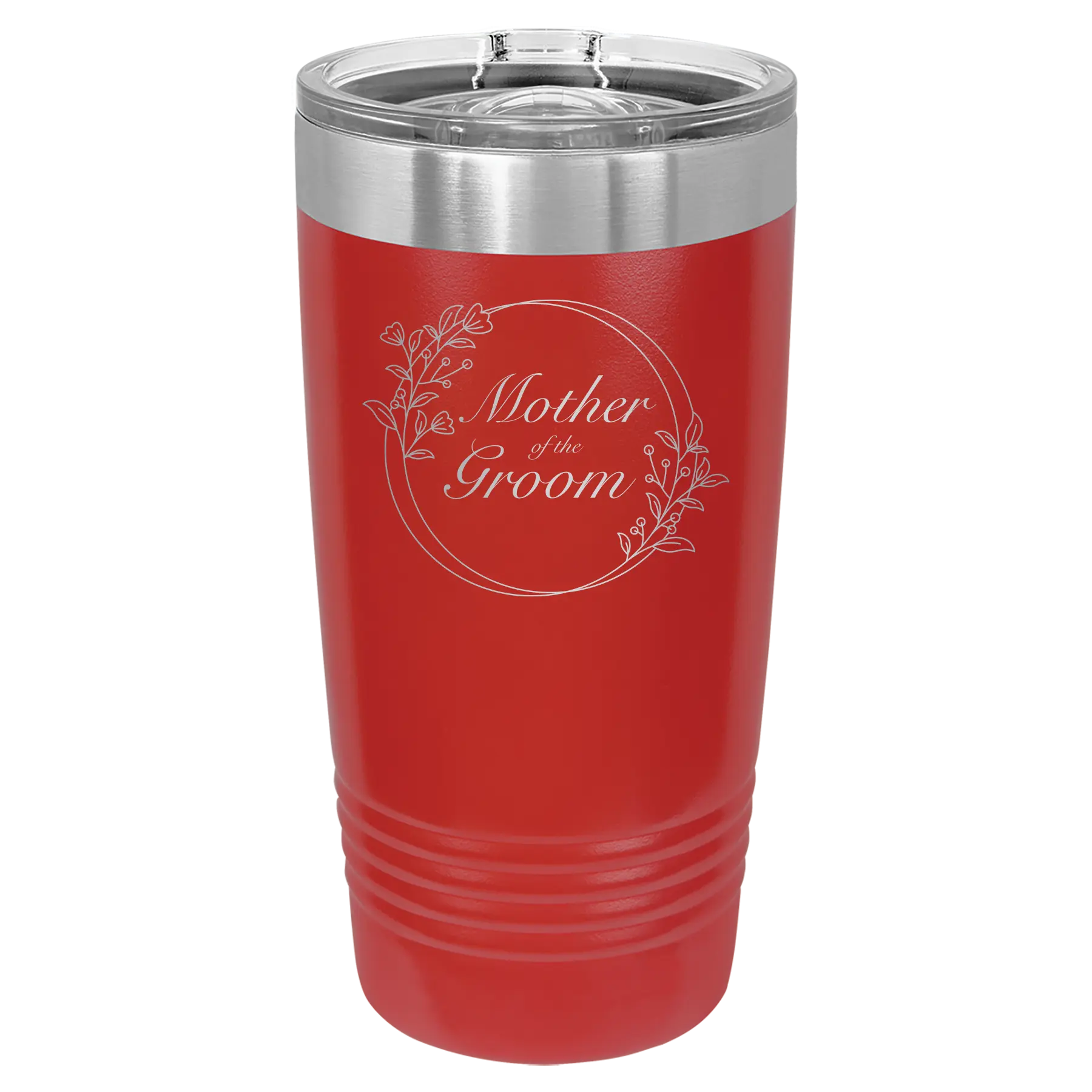 Laser etched red 20 oz vacuum insulated tumbler with 'Mother of the Groom' design