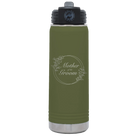 Laser etched olive green 20 oz vacuum insulated water bottle with 'Mother of the Groom' design