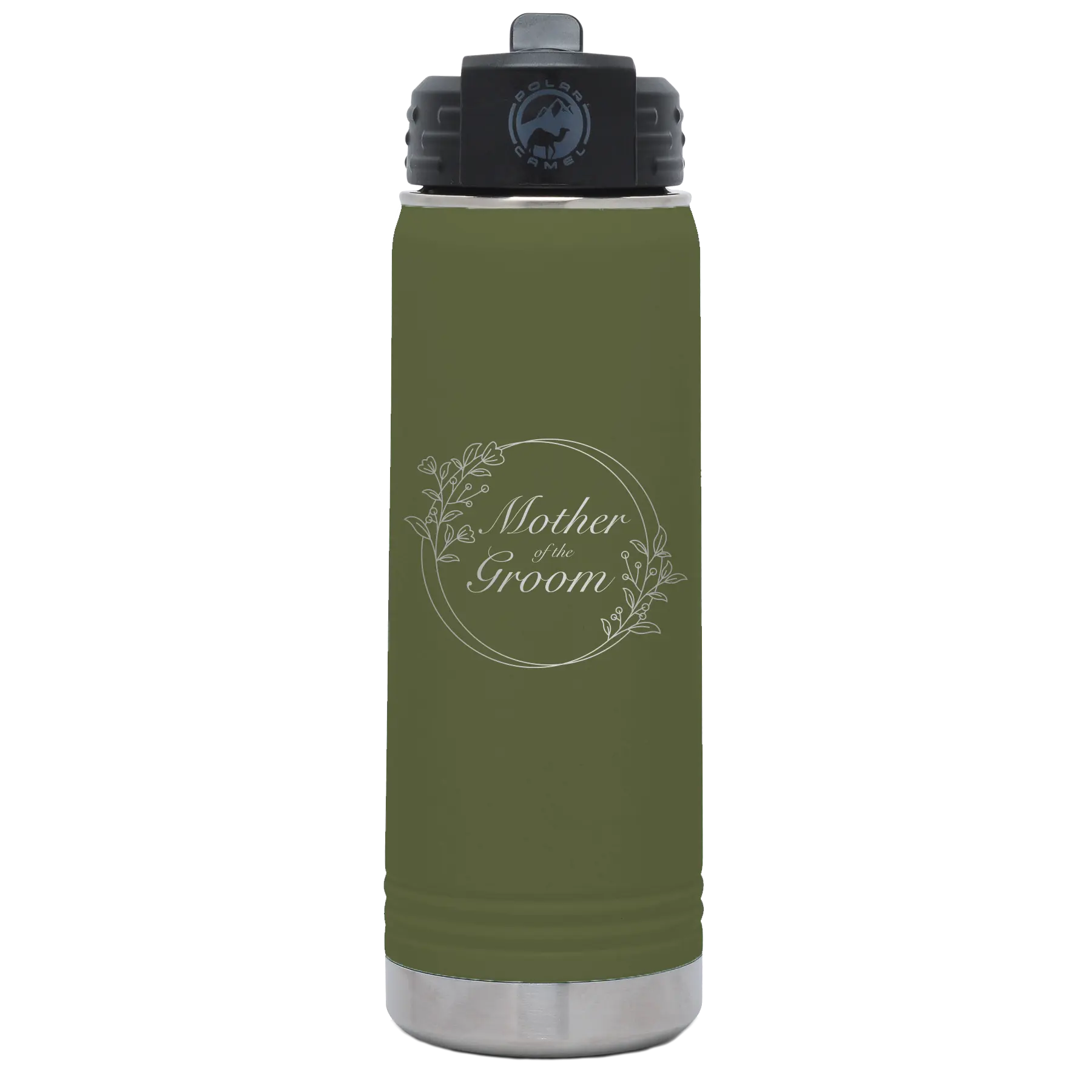 Laser etched olive green 20 oz vacuum insulated water bottle with 'Mother of the Groom' design