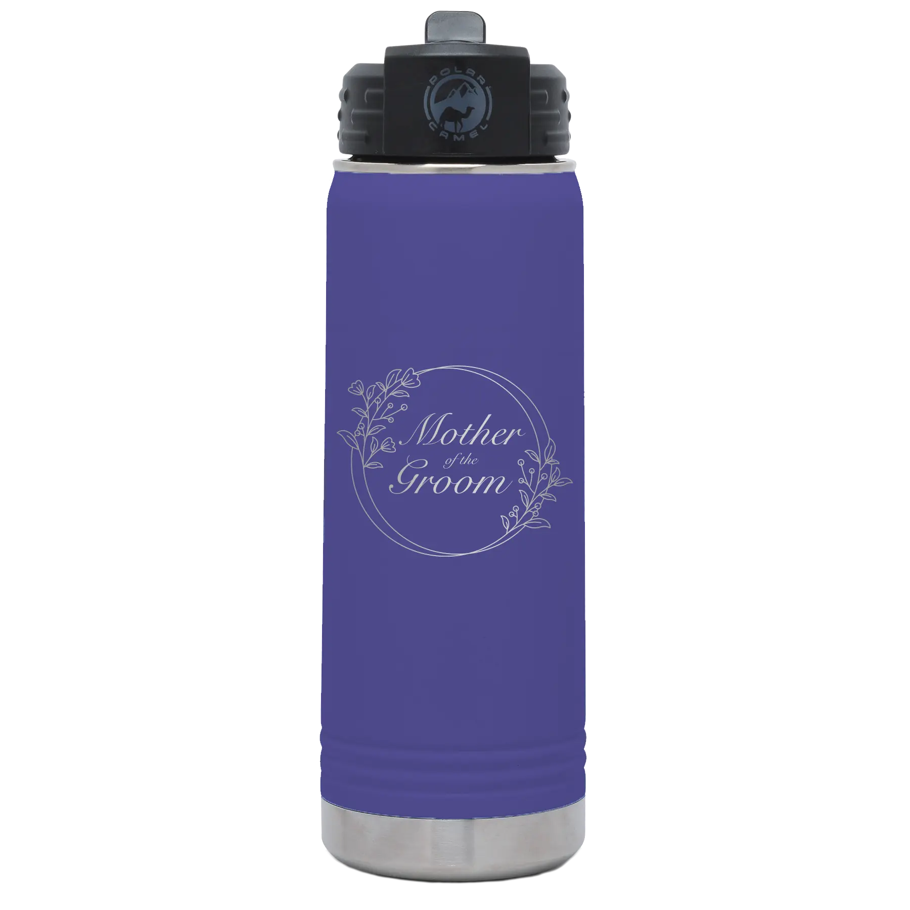 Laser etched purple 20 oz vacuum insulated water bottle with 'Mother of the Groom' design