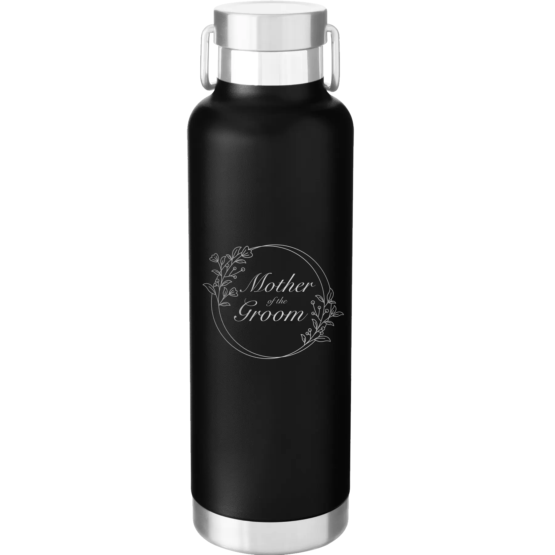 Laser etched black 24 oz vacuum insulated water bottle with 'Mother of the Groom' design