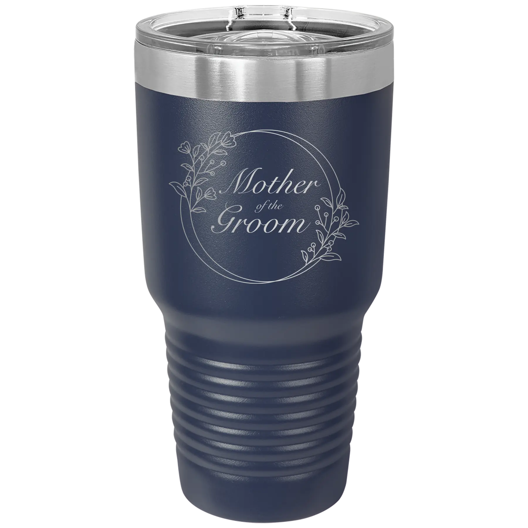 Laser etched navy 30 oz vacuum insulated tumbler with 'Mother of the Groom' design