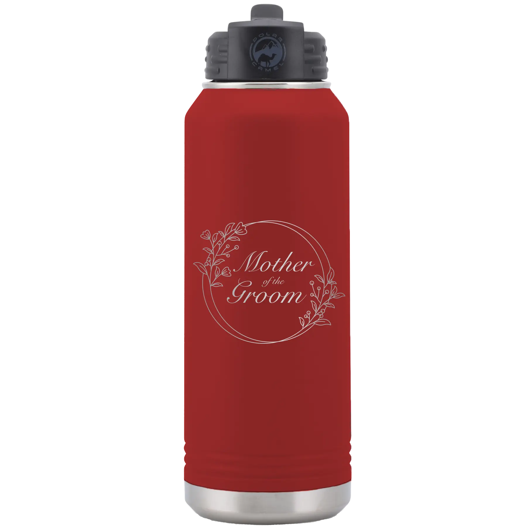 Laser etched maroon 32 oz vacuum insulated water bottle with 'Mother of the Groom' design