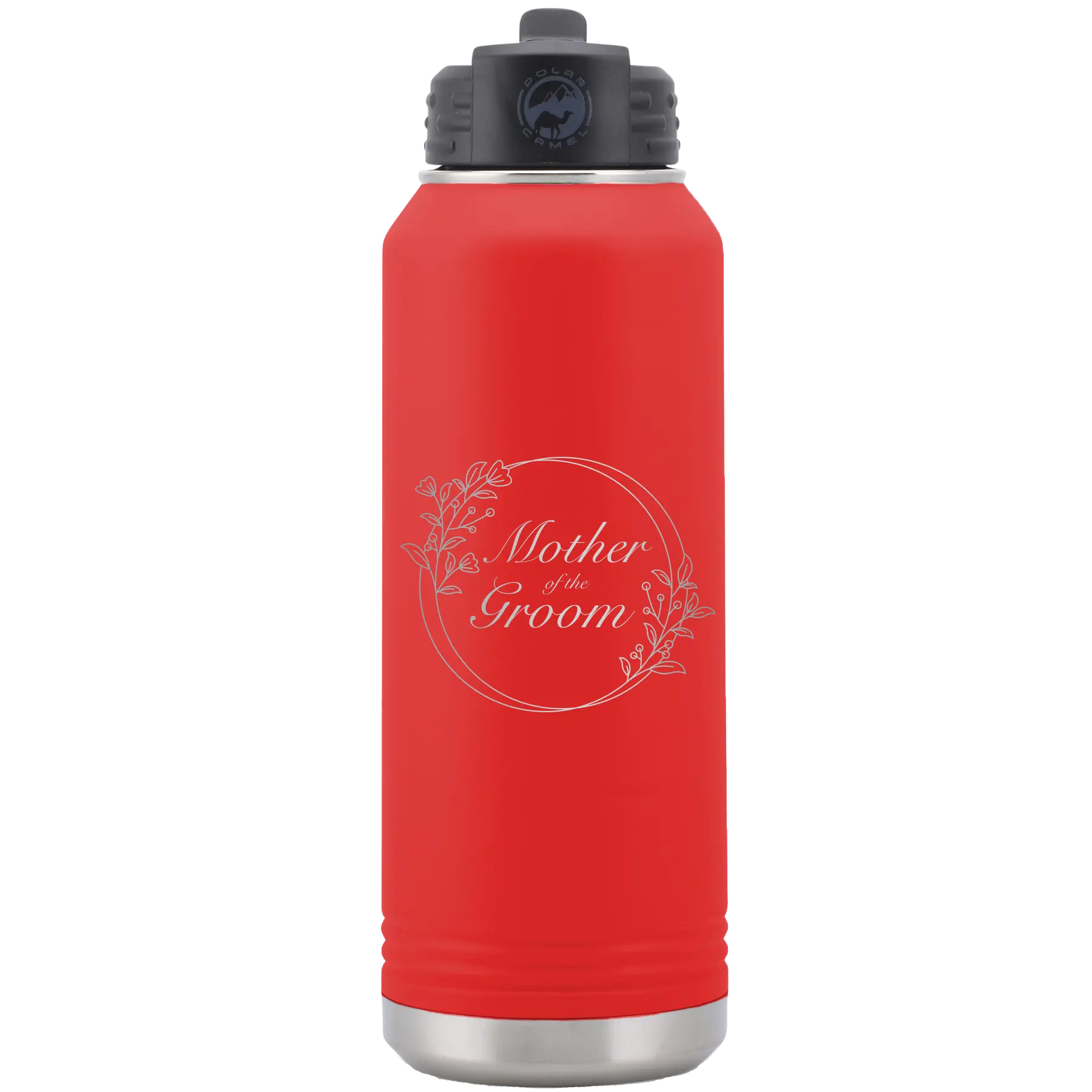Laser etched red 32 oz vacuum insulated water bottle with 'Mother of the Groom' design