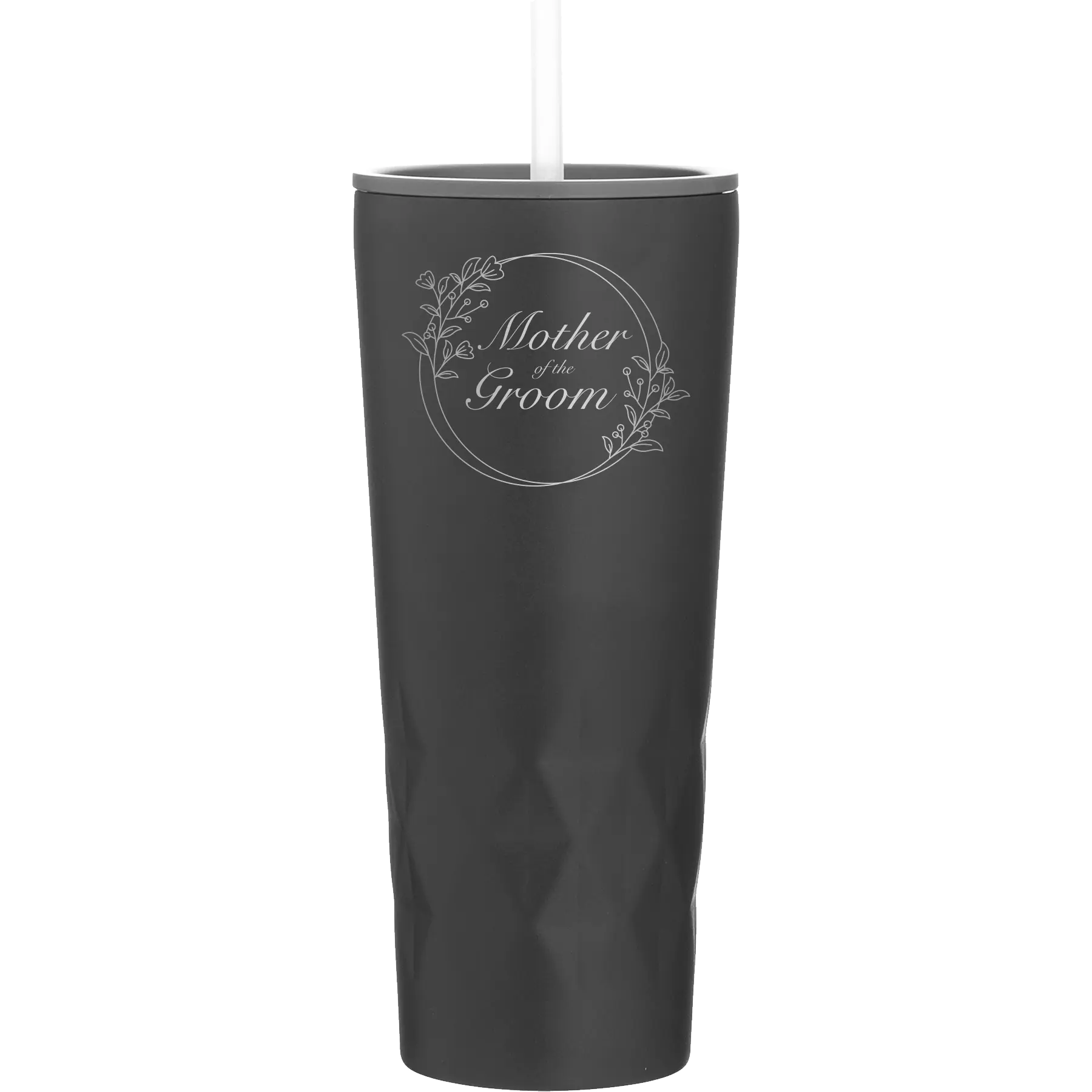 Laser etched black 20 oz vacuum insulated tumbler with 'Mother of the Groom' design