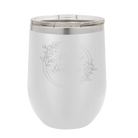 Laser etched white 12 oz vacuum insulated wine cup with 'Mother of the Groom' design