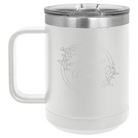 Laser etched white 15 oz vacuum insulated coffee mug with 'Mother of the Bride' design
