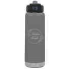 Laser etched dark gray 20 oz vacuum insulated water bottle with 'Mother of the Bride' design