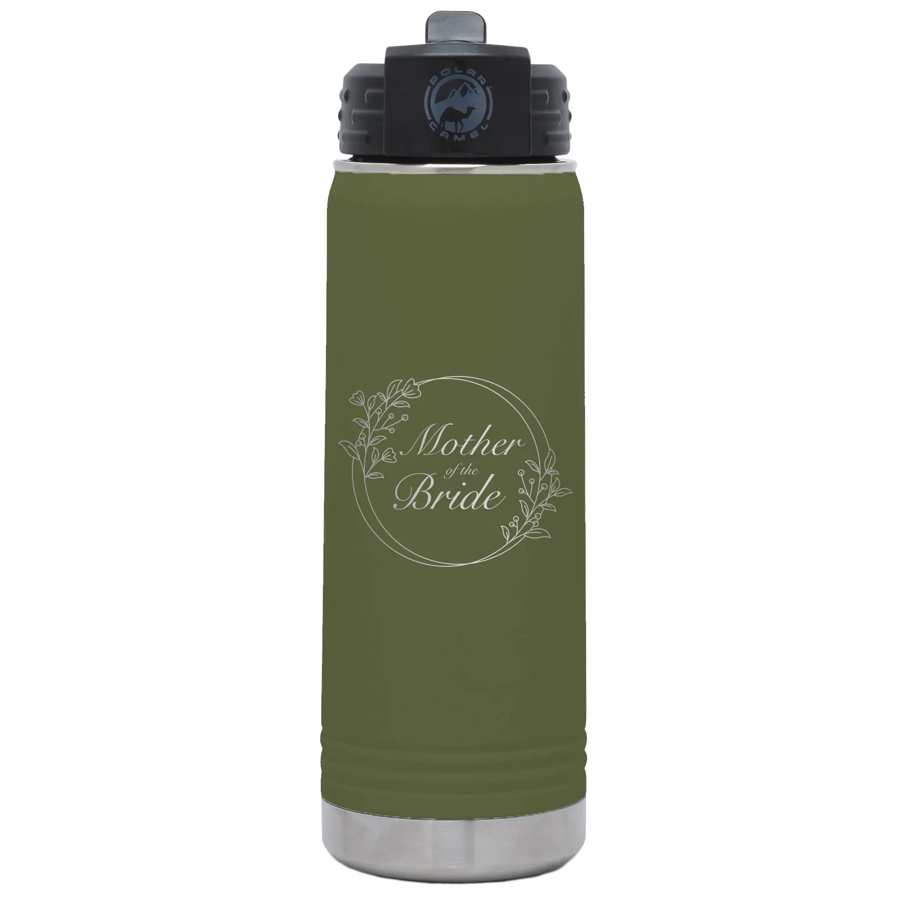 Laser etched olive green 20 oz vacuum insulated water bottle with 'Mother of the Bride' design