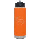 Laser etched orange 20 oz vacuum insulated water bottle with 'Mother of the Bride' design