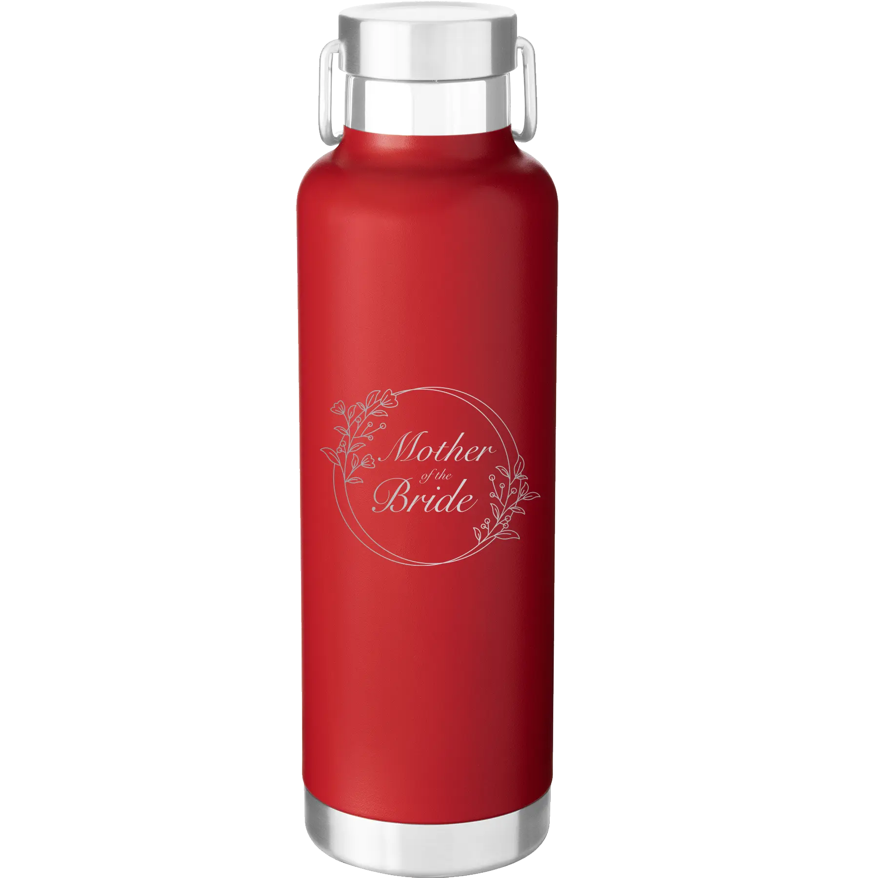 Laser etched red 24 oz vacuum insulated water bottle with 'Mother of the Bride' design